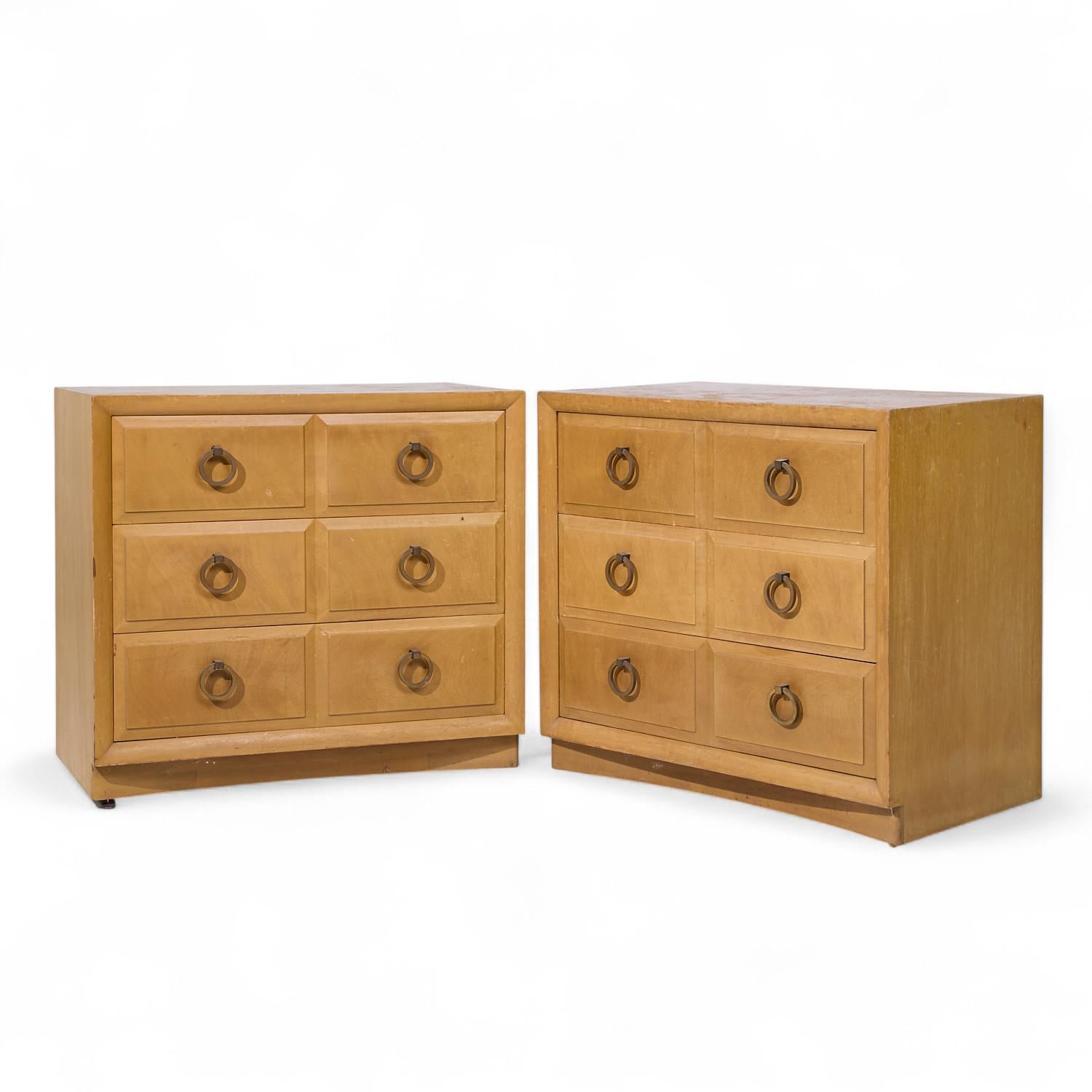 Mid-Century Modern T.H. Robsjohn Gibbings for Widdicomb Maple and Brass Three Drawer Chest - Pair For Sale