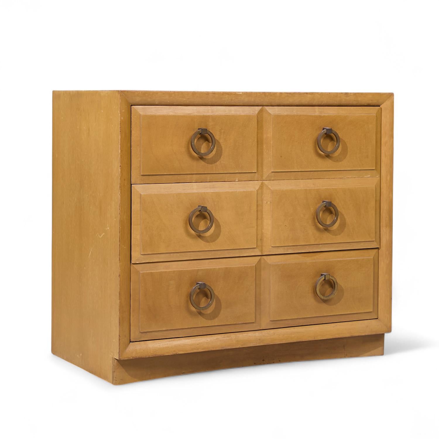20th Century T.H. Robsjohn Gibbings for Widdicomb Maple and Brass Three Drawer Chest - Pair For Sale