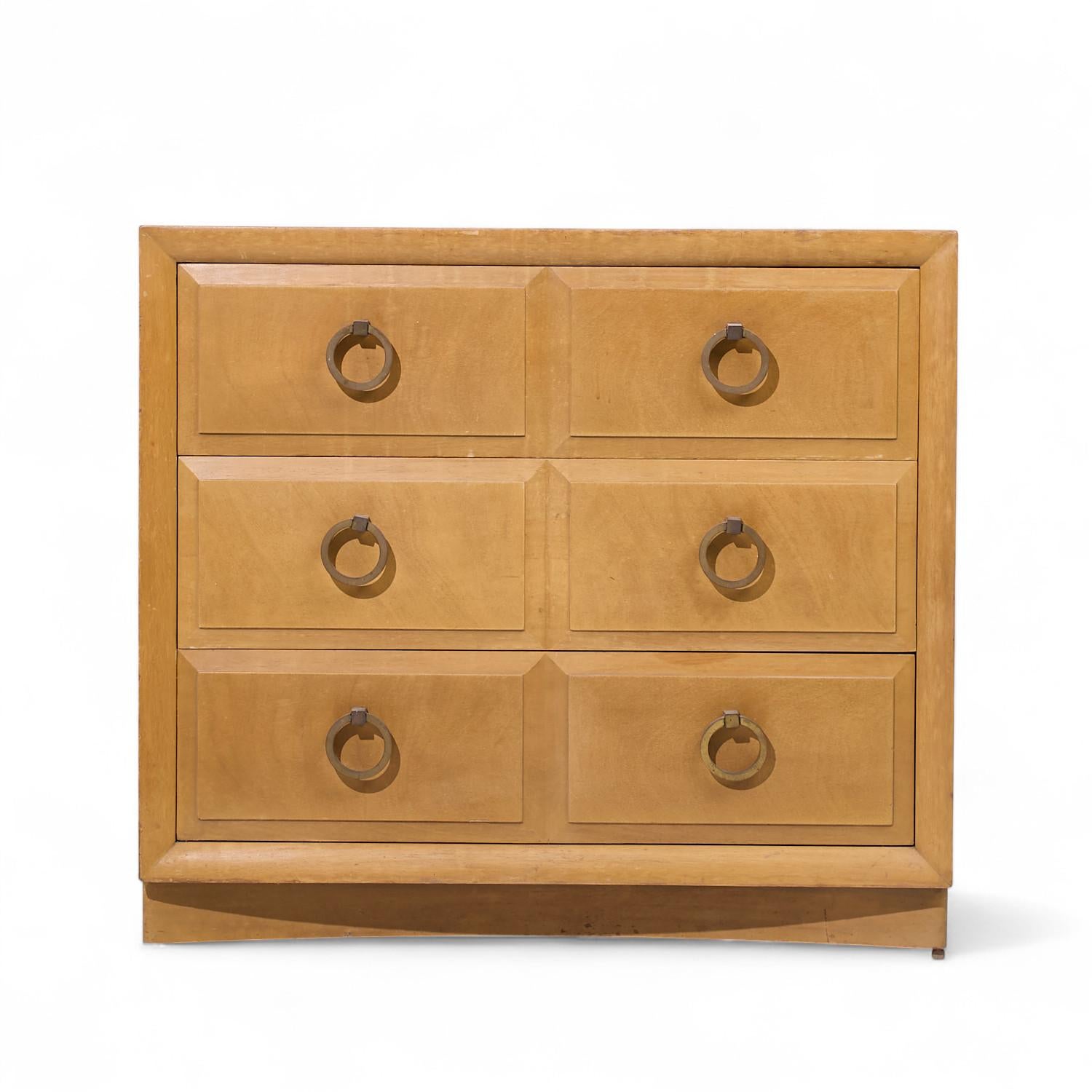 T.H. Robsjohn Gibbings for Widdicomb Maple and Brass Three Drawer Chest - Pair For Sale 1