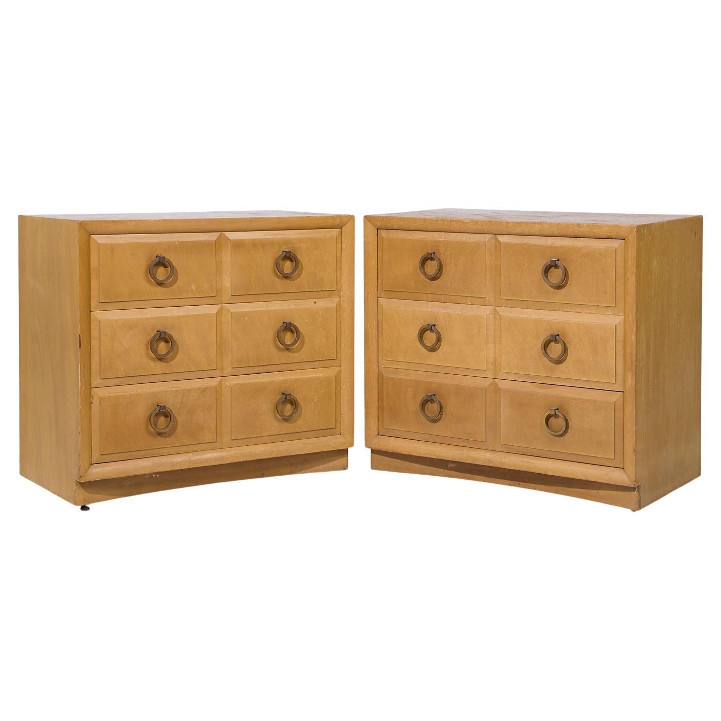 T.H. Robsjohn Gibbings for Widdicomb Maple and Brass Three Drawer Chest - Pair For Sale