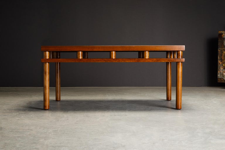 This spectacular Model 1761 coffee table by T.H. Robsjohn Gibbings for Widdicomb has beautiful walnut grain and was just refinished - gorgeous and ready for immediate use. Signed underneath with Widdicomb designed by TH Robsjohn-Gibbings label and