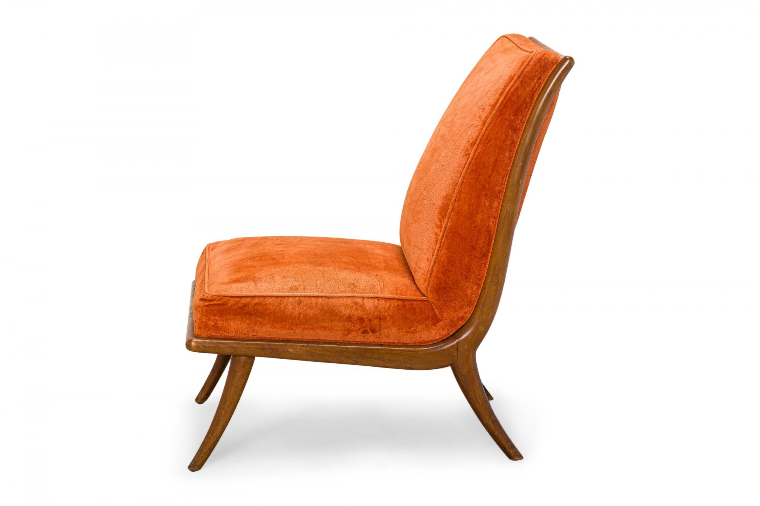 Mid-Century Modern T.H. Robsjohn-Gibbings for Widdicomb Orange Velour and Walnut Slipper Chair For Sale