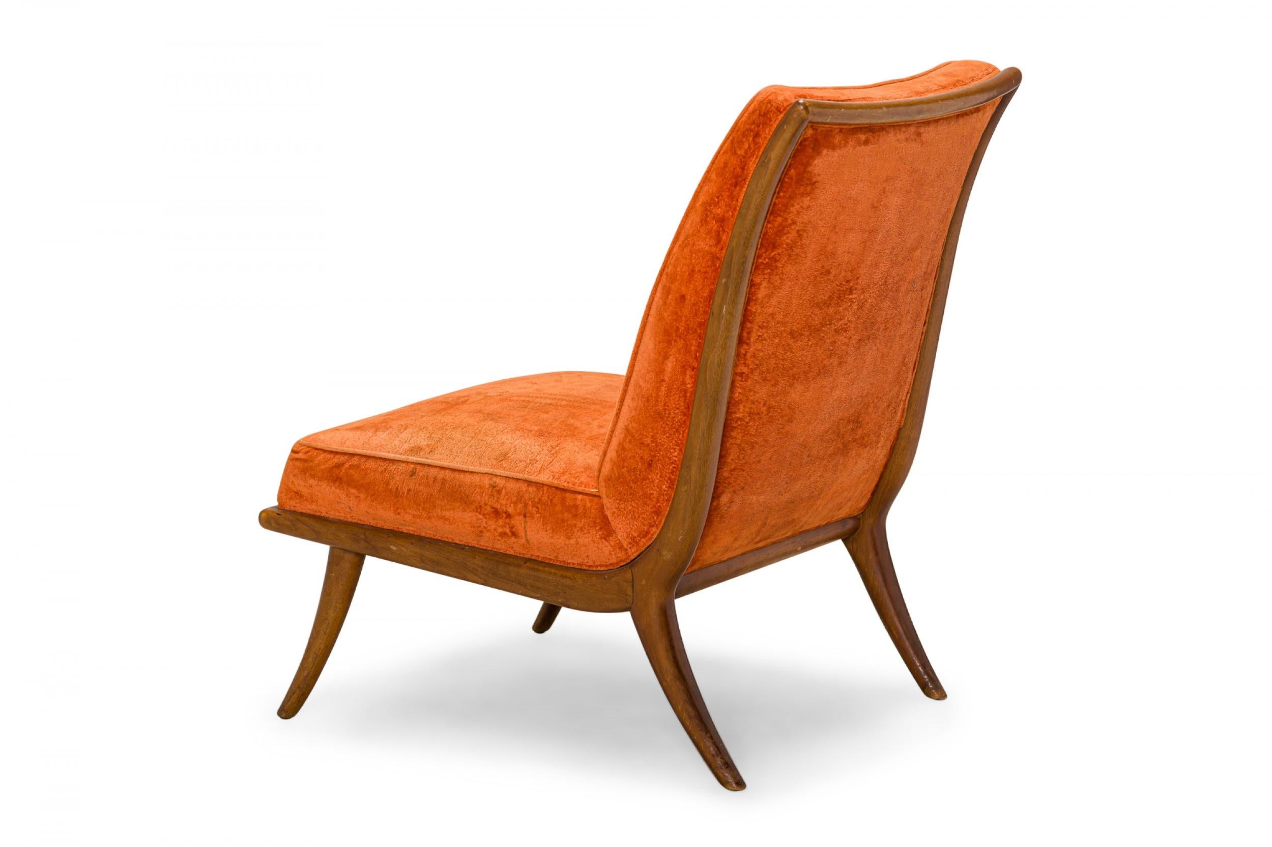 American T.H. Robsjohn-Gibbings for Widdicomb Orange Velour and Walnut Slipper Chair For Sale