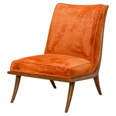 T.H. Robsjohn-Gibbings for Widdicomb Orange Velour and Walnut Slipper Chair