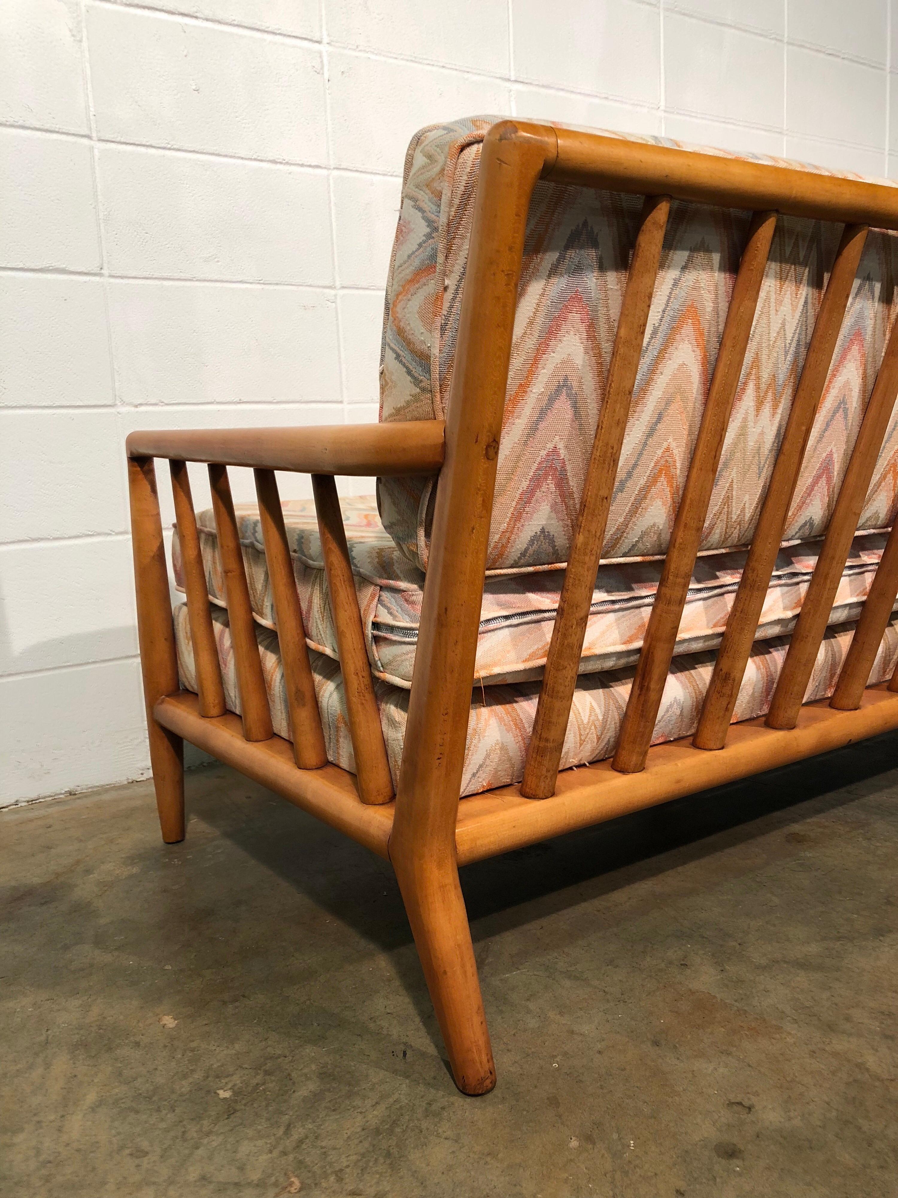 Mid-Century Modern Spindled Sofa in Vintage Flamestitch Fabric For Sale 5