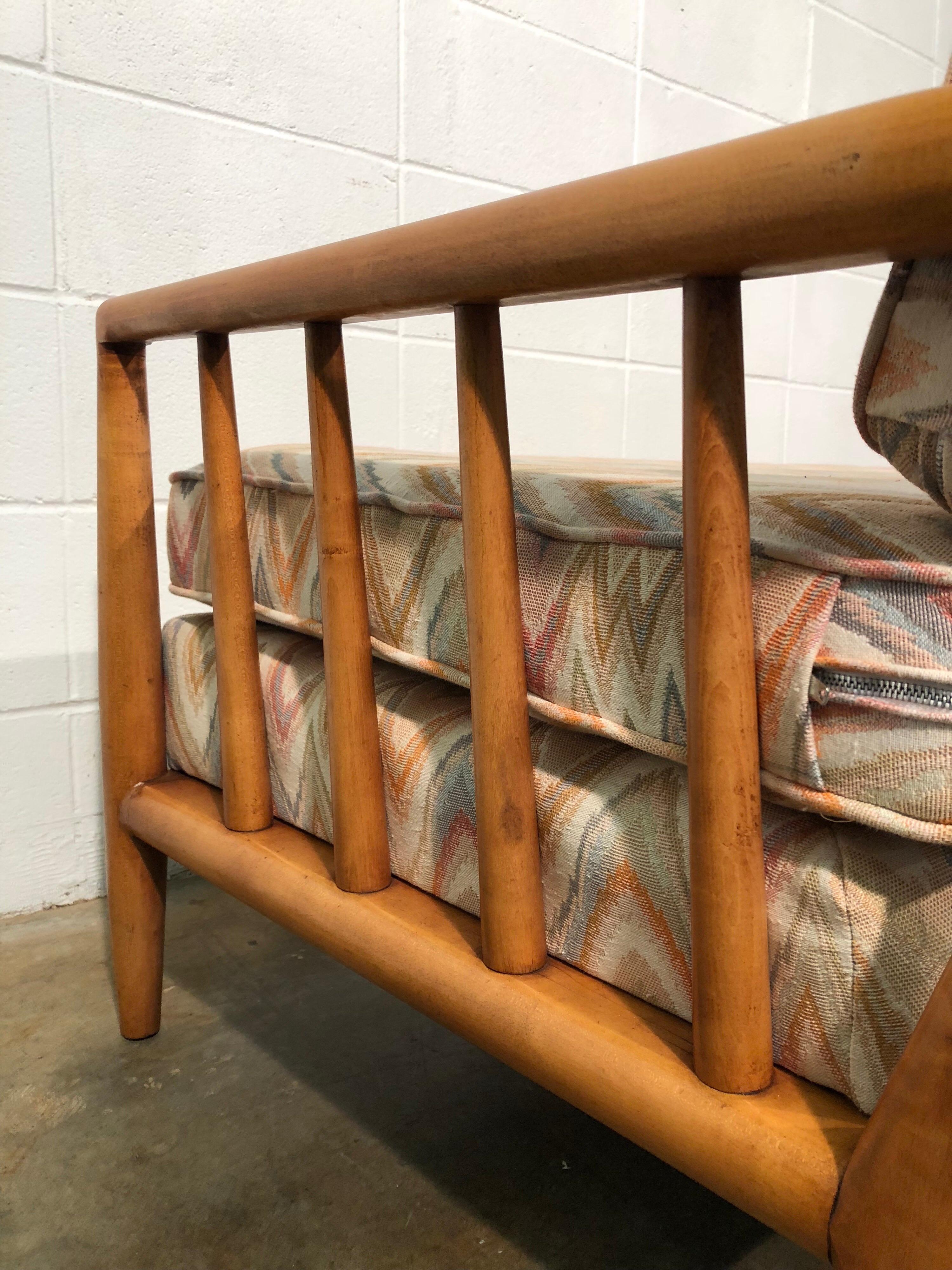 Mid-Century Modern Spindled Sofa in Vintage Flamestitch Fabric For Sale 6
