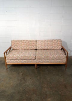 Mid-Century Modern Spindled Sofa in Vintage Flamestitch Fabric