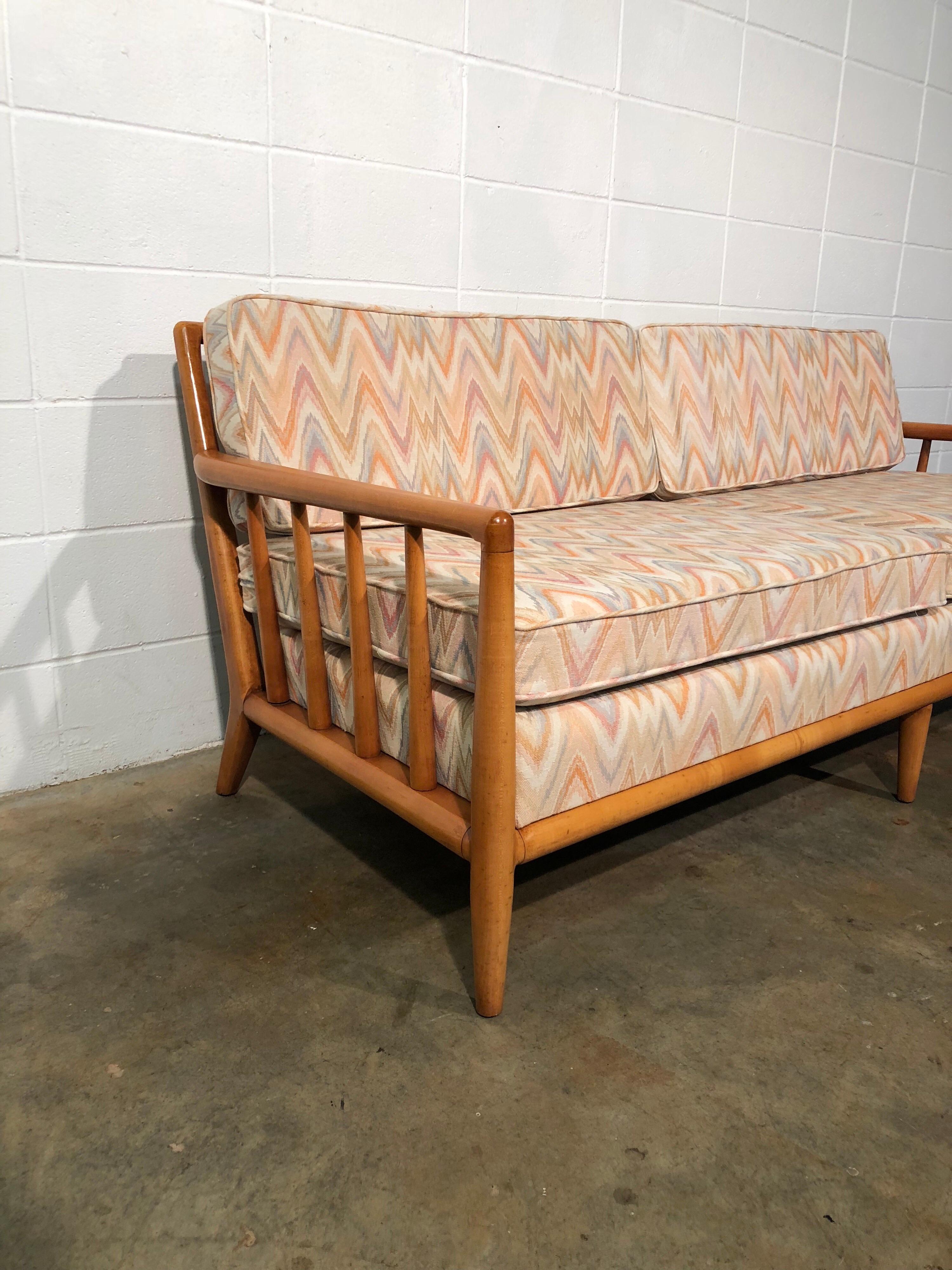 North American Mid-Century Modern Spindled Sofa in Vintage Flamestitch Fabric For Sale