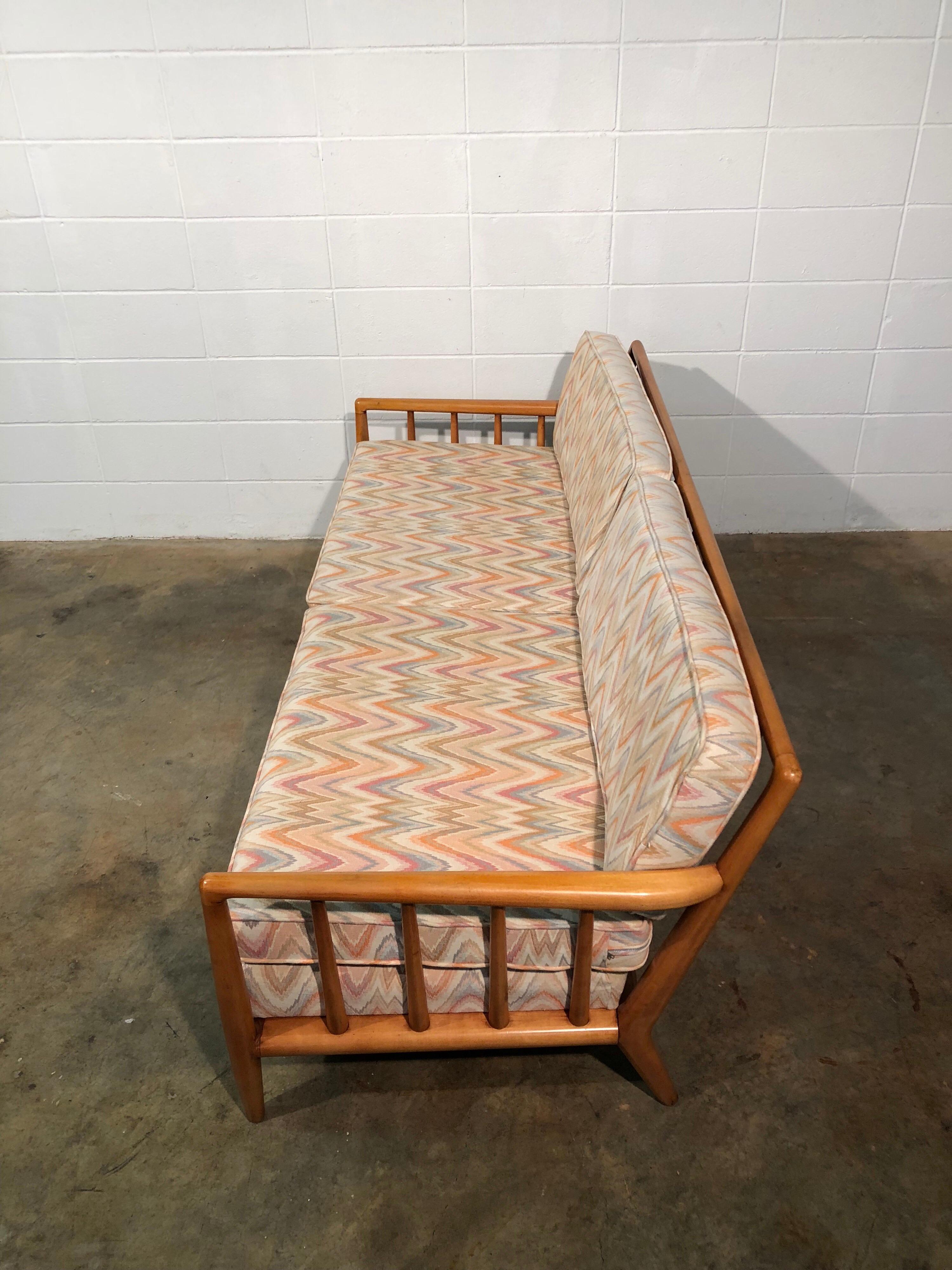 Mid-Century Modern Spindled Sofa in Vintage Flamestitch Fabric For Sale 2