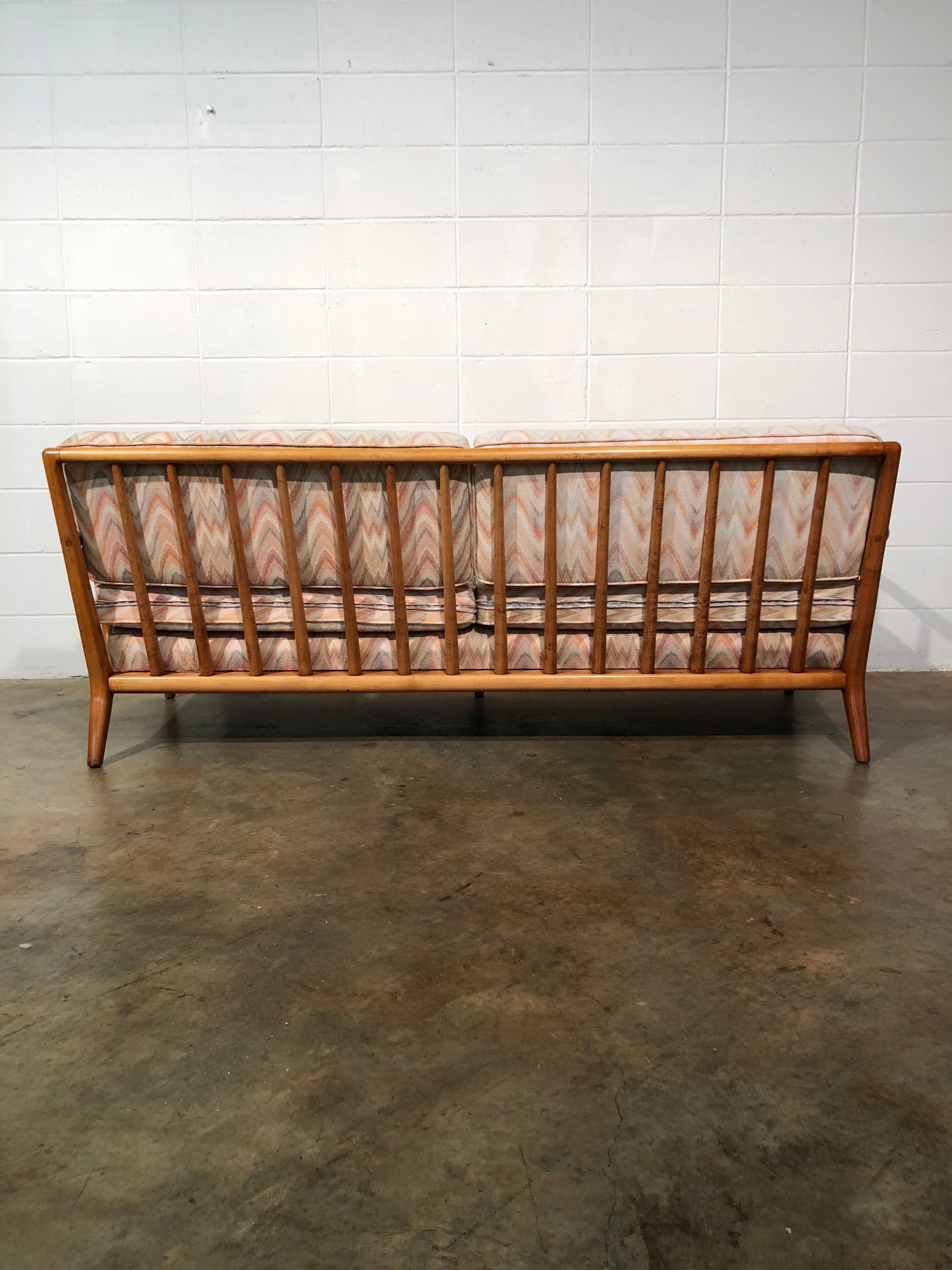 Mid-Century Modern Spindled Sofa in Vintage Flamestitch Fabric For Sale 3