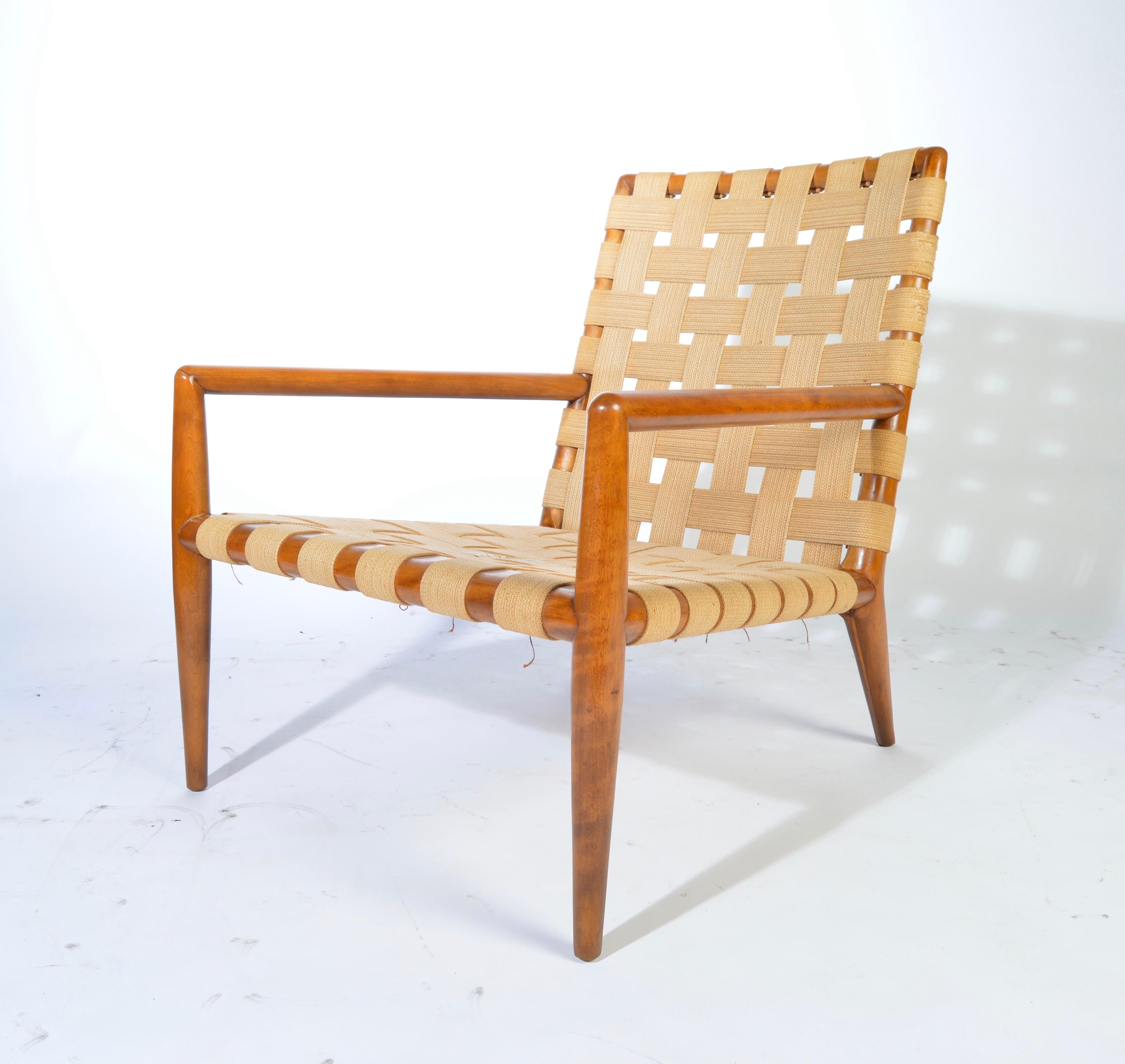 T.H. Robsjohn-Gibbings for Widdicomb strap lounge chair. Mahogany frame with tightly woven cotton straps. Original label located on seat.
Original cushions are included.
Beautiful overall condition. Solid frame, tight straps and ready for use.