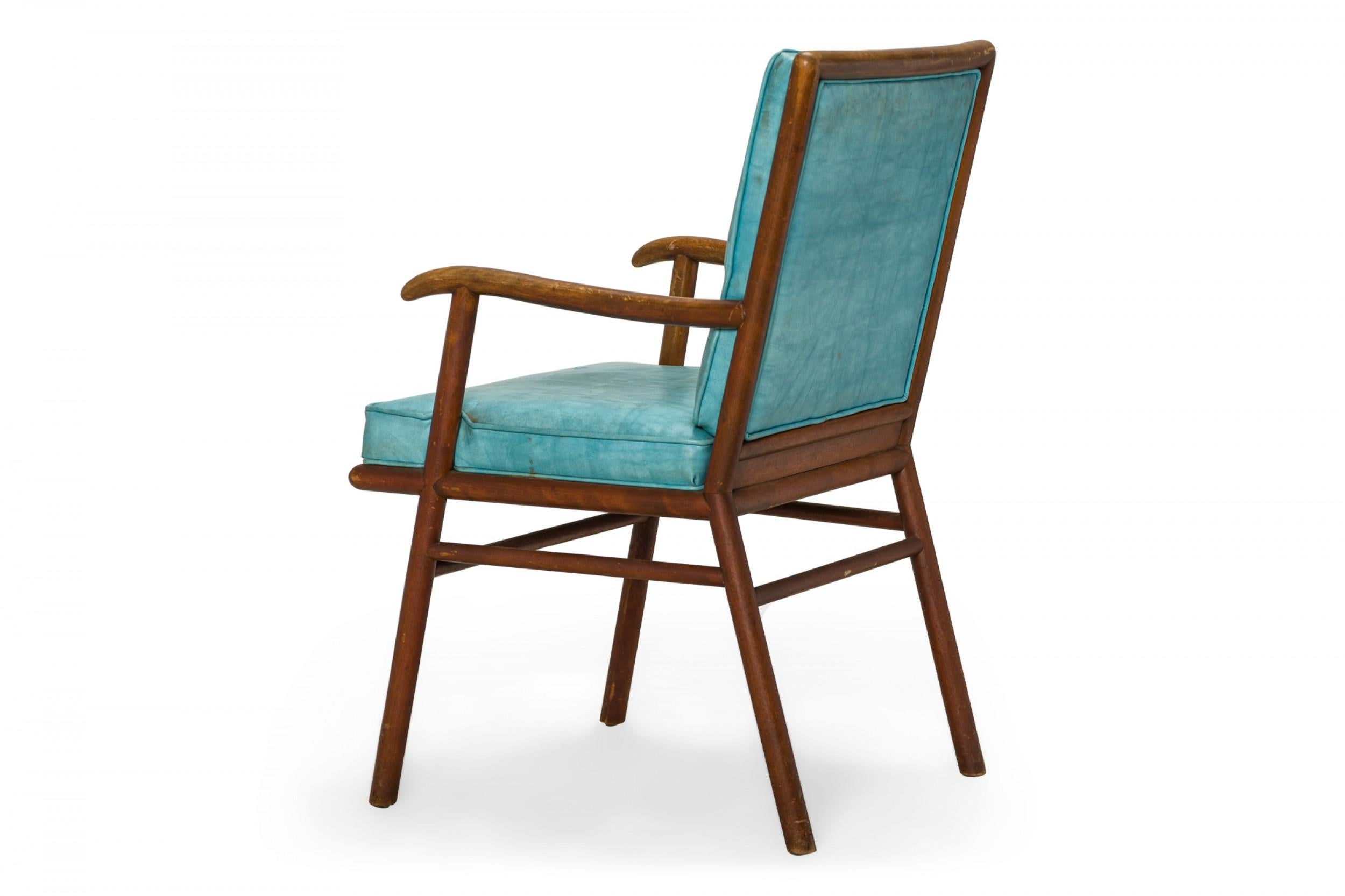 American T.H. Robsjohn-Gibbings for Widdicomb Walnut and Blue Vinyl Dining Armchair For Sale