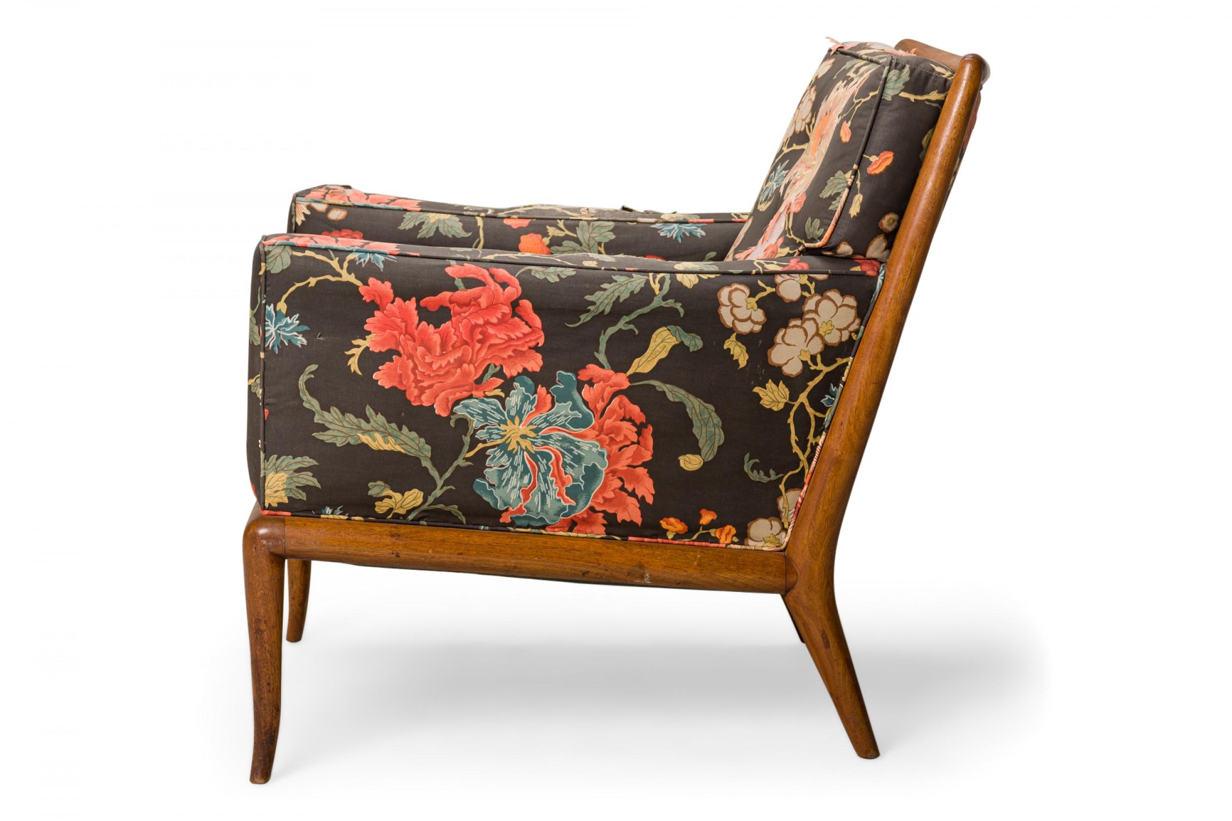 Mid-Century Modern T.H. Robsjohn-Gibbings for Widdicomb Walnut Floral Upholstered Lounge Armchair For Sale