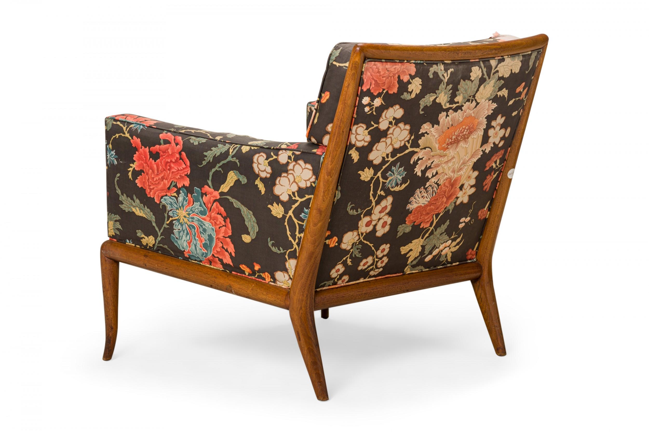 American T.H. Robsjohn-Gibbings for Widdicomb Walnut Floral Upholstered Lounge Armchair For Sale