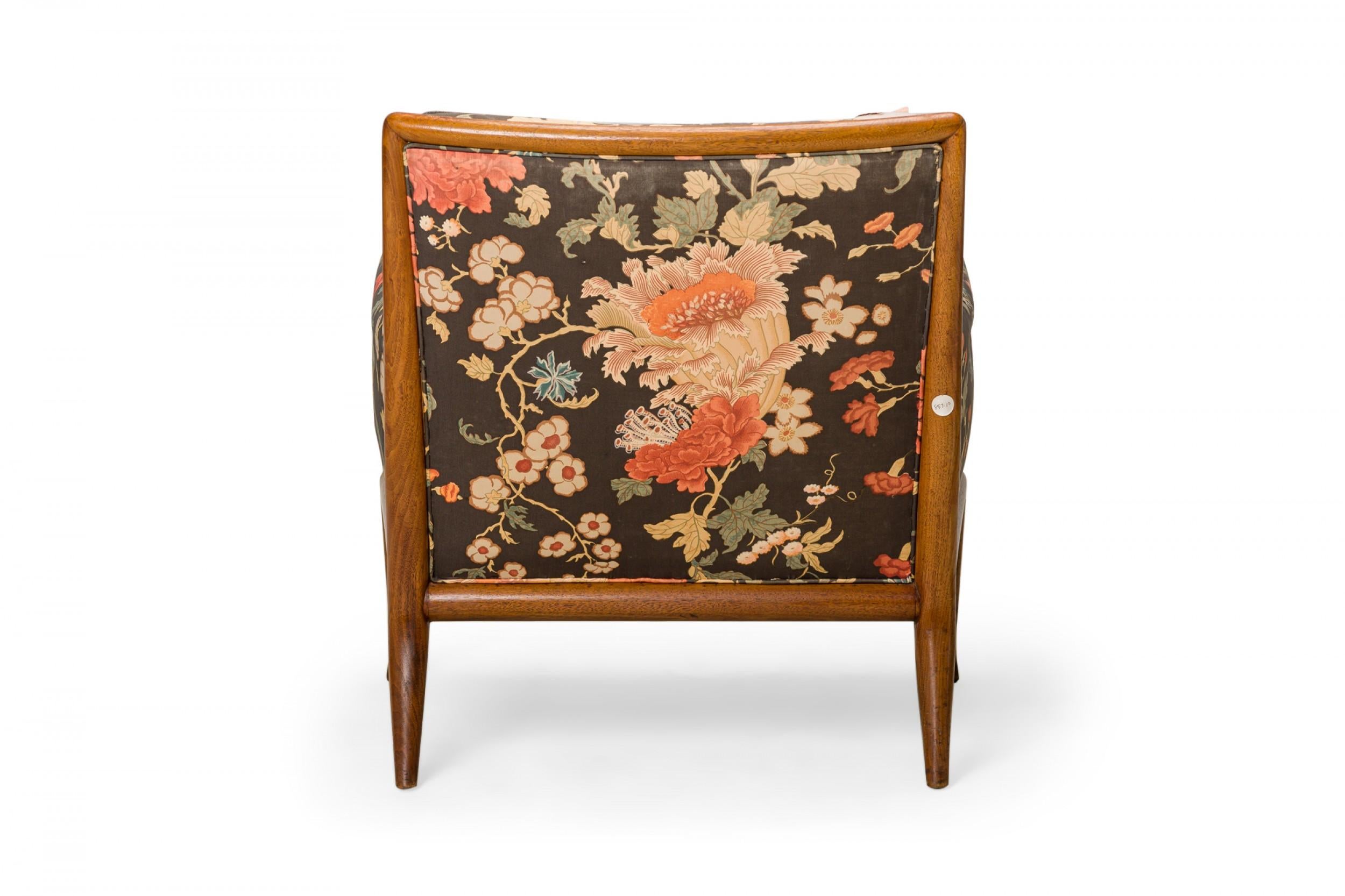 T.H. Robsjohn-Gibbings for Widdicomb Walnut Floral Upholstered Lounge Armchair In Good Condition For Sale In New York, NY