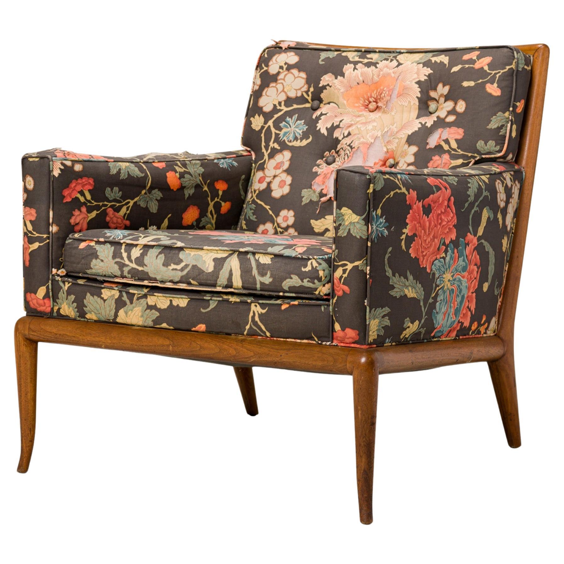 T.H. Robsjohn-Gibbings for Widdicomb Walnut Floral Upholstered Lounge Armchair