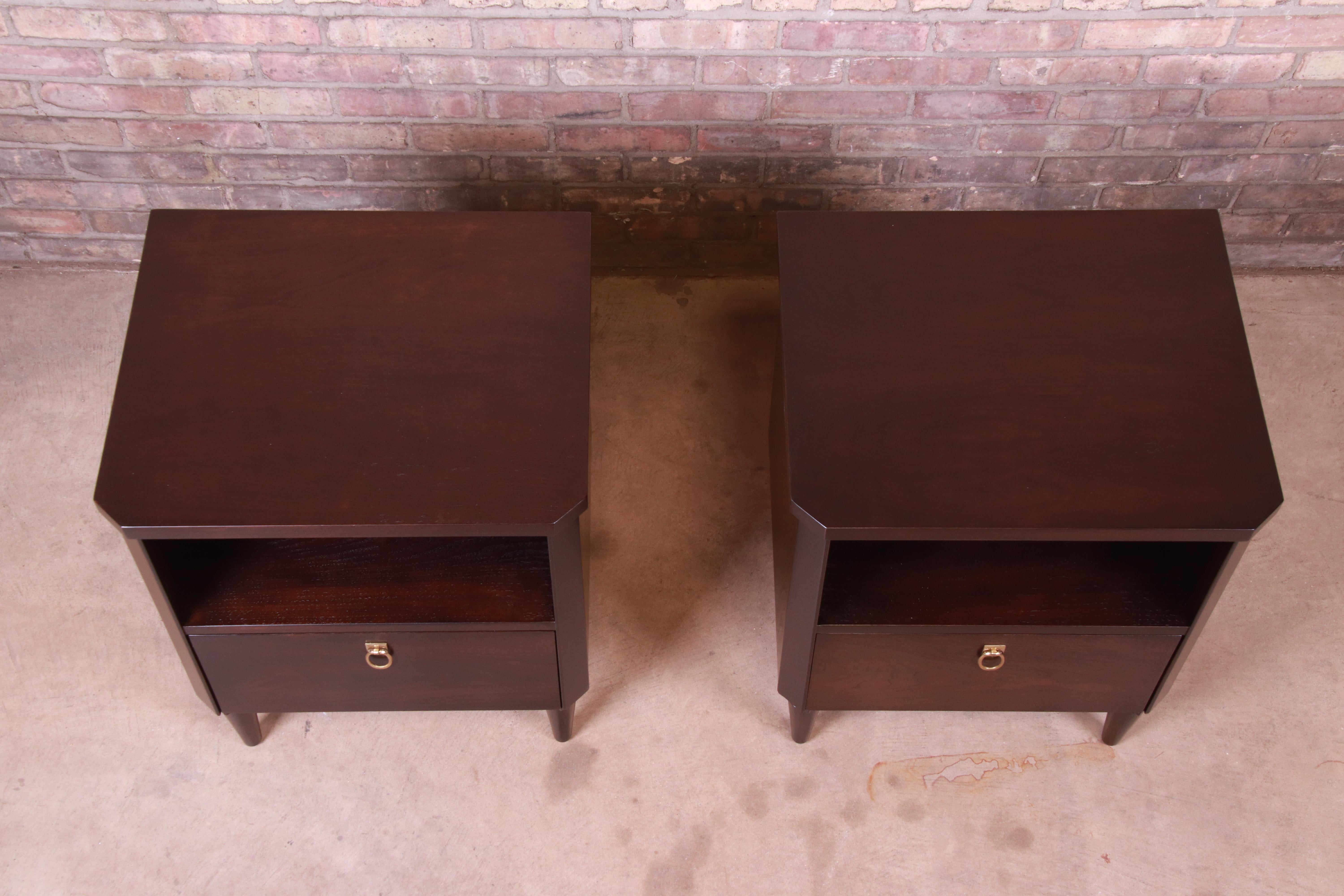 Mid-20th Century T.H. Robsjohn-Gibbings for Widdicomb Walnut Nightstands, Newly Refinished For Sale