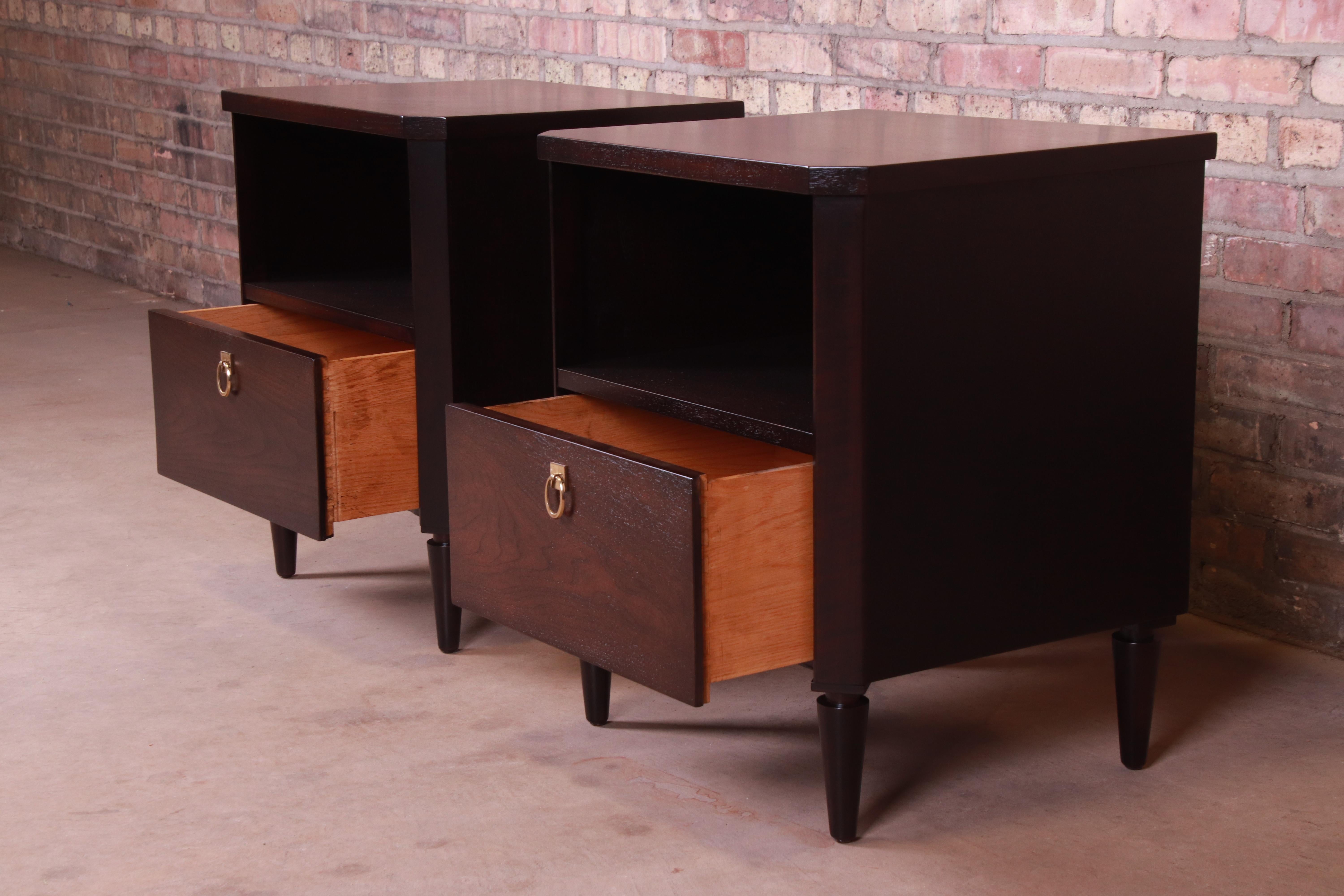 T.H. Robsjohn-Gibbings for Widdicomb Walnut Nightstands, Newly Refinished For Sale 1