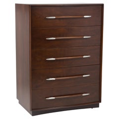 T.H. Robsjohn Gibbings for Widdicomb Walnut Tall Five Drawer Dresser Chest