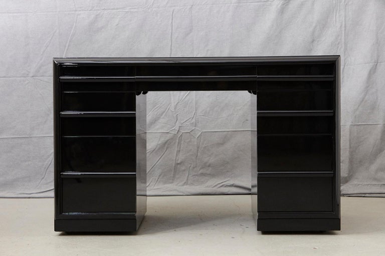 Mid-Century Modern T.H. Robsjohn-Gibbings Kneehole Desk in New Black Piano Lacquer Finish For Sale