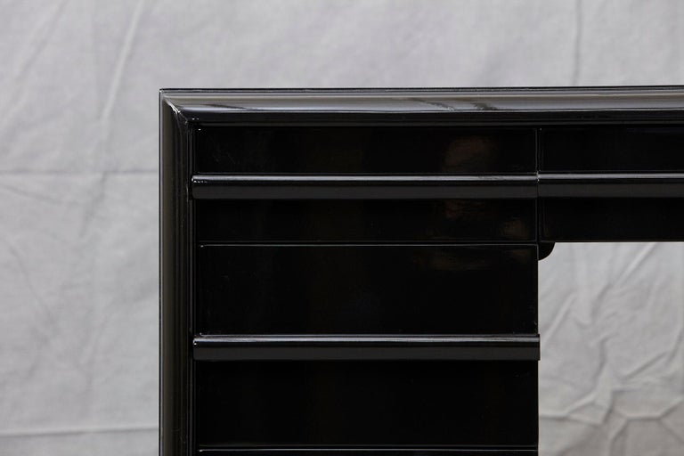 American T.H. Robsjohn-Gibbings Kneehole Desk in New Black Piano Lacquer Finish For Sale