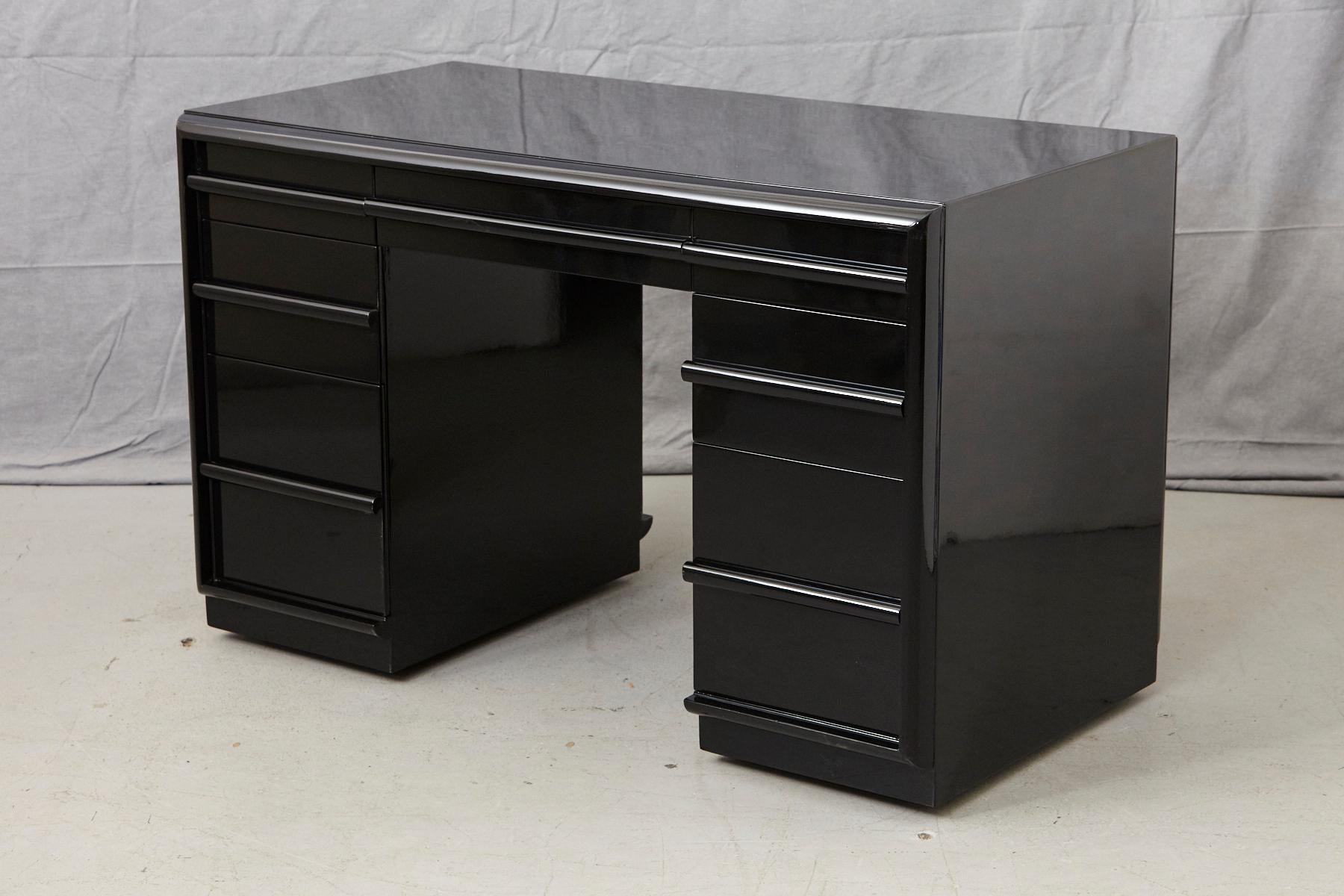 American T.H. Robsjohn-Gibbings Kneehole Desk in New Black Piano Lacquer Finish For Sale