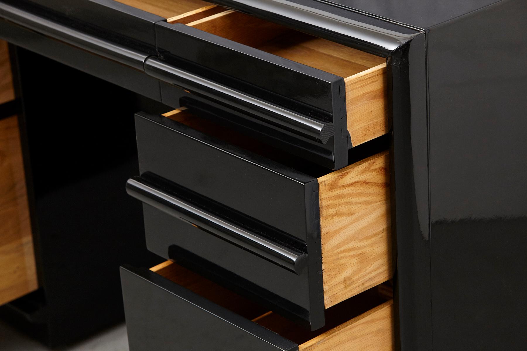 20th Century T.H. Robsjohn-Gibbings Kneehole Desk in New Black Piano Lacquer Finish For Sale