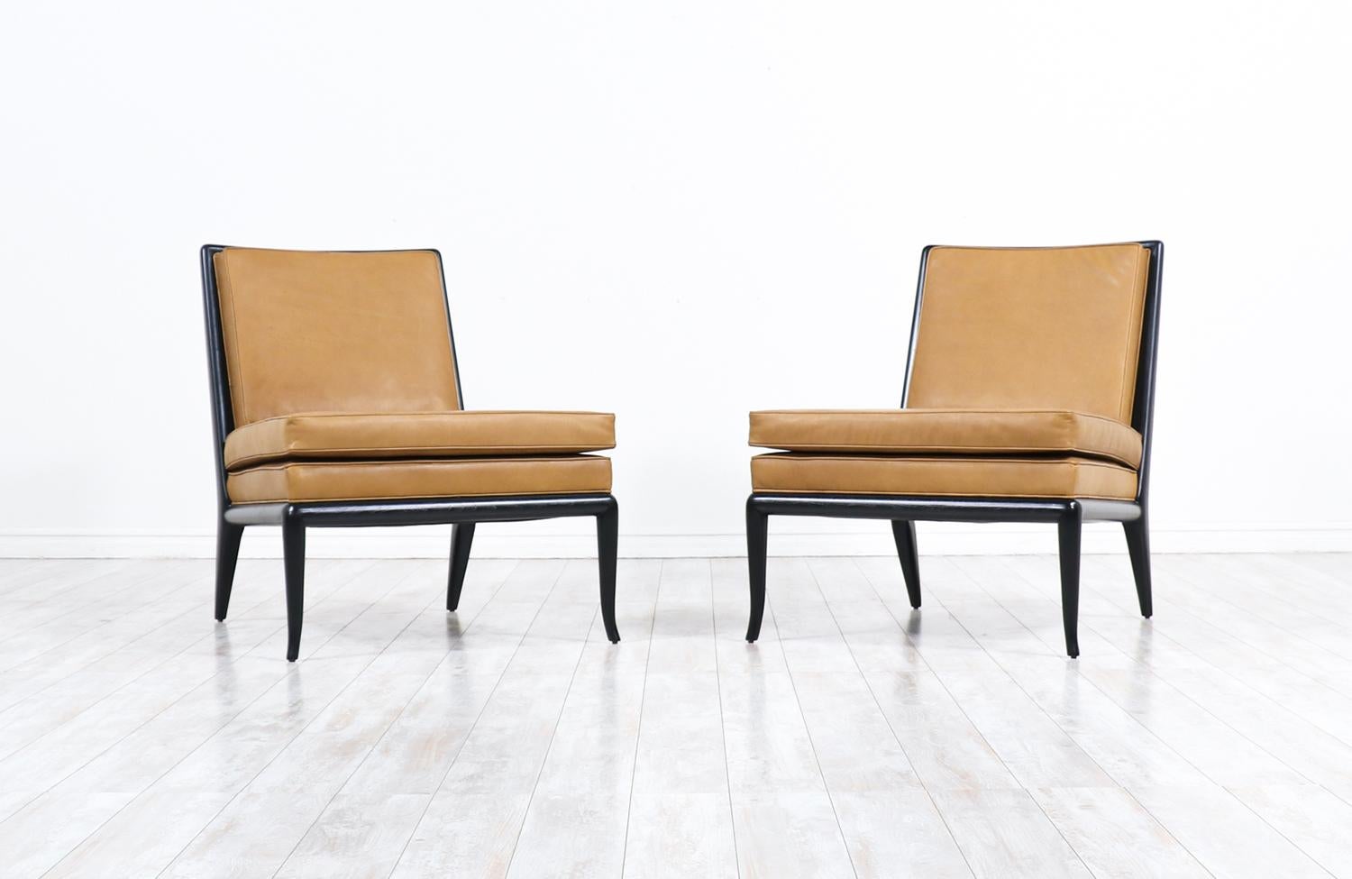 Mid-Century Modern T.H. Robsjohn-Gibbings Leather and Ebonized Wood Slipper Chairs for Widdicomb For Sale
