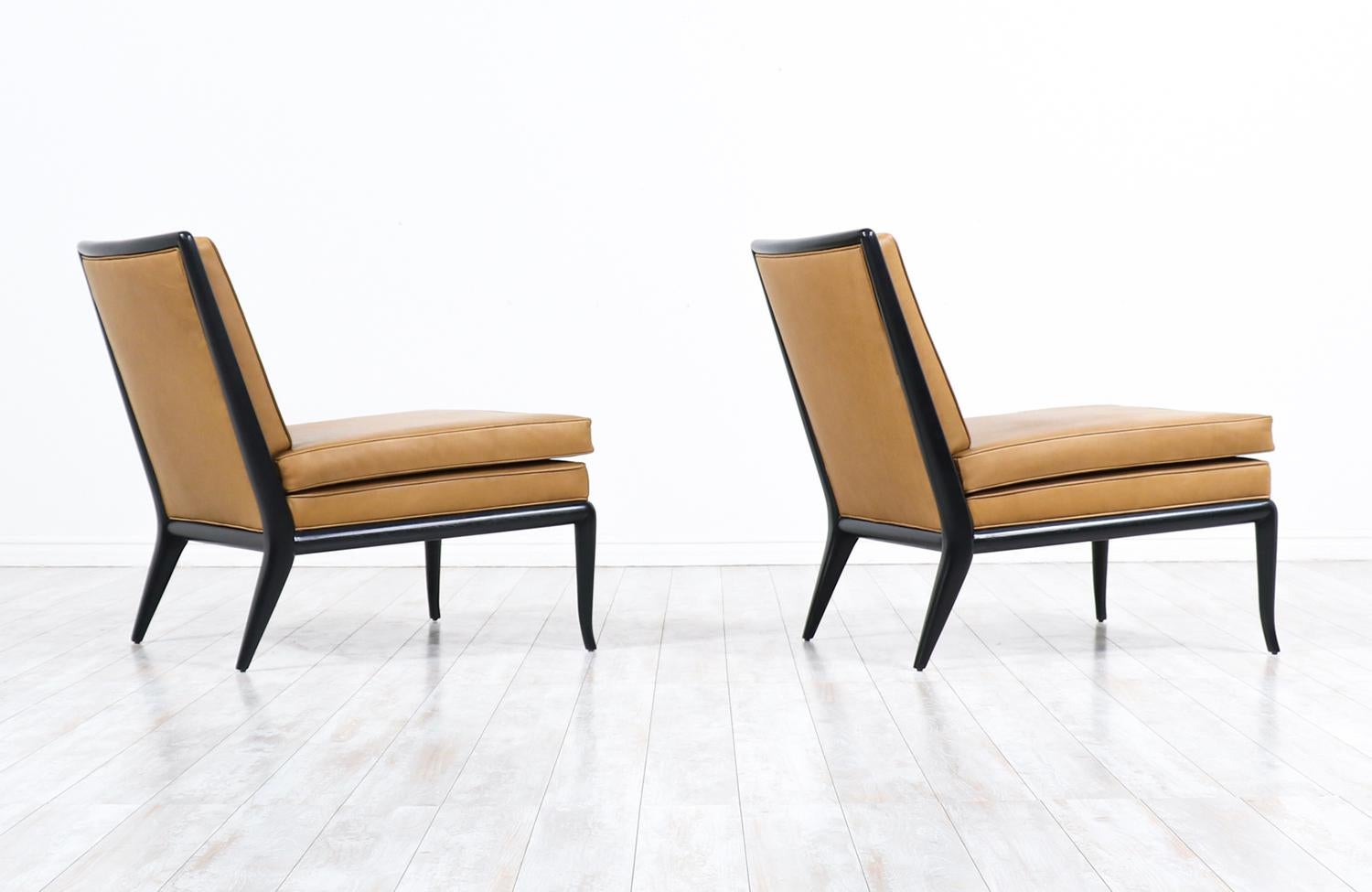 American T.H. Robsjohn-Gibbings Leather and Ebonized Wood Slipper Chairs for Widdicomb For Sale