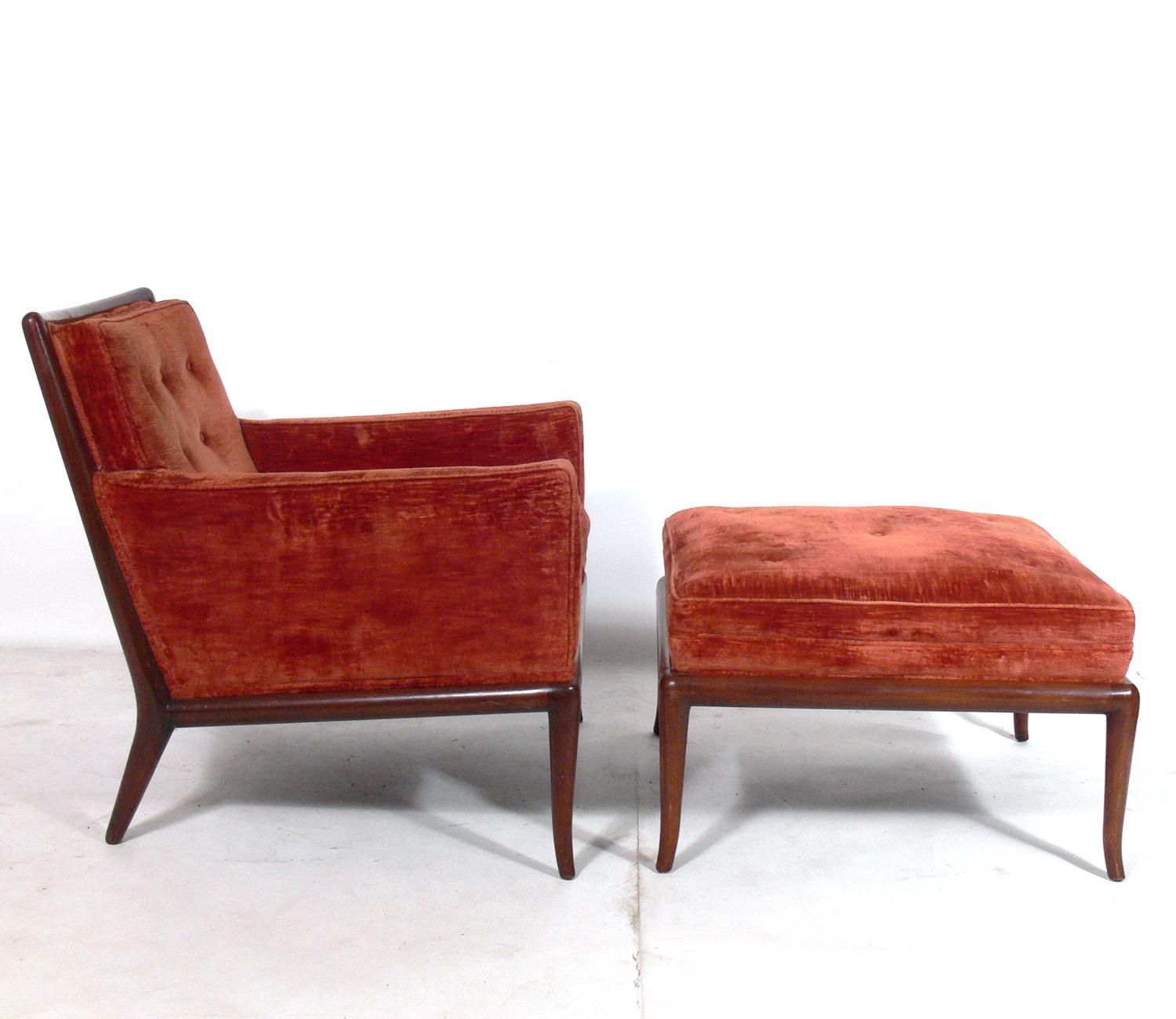 Elegant lounge chair and ottoman, designed by T.H. Robsjohn-Gibbings for Widdicomb, American, circa 1950s. These pieces are currently being refinished and reupholstered, and can be completed in your choice of finish color and in your fabric. Simply