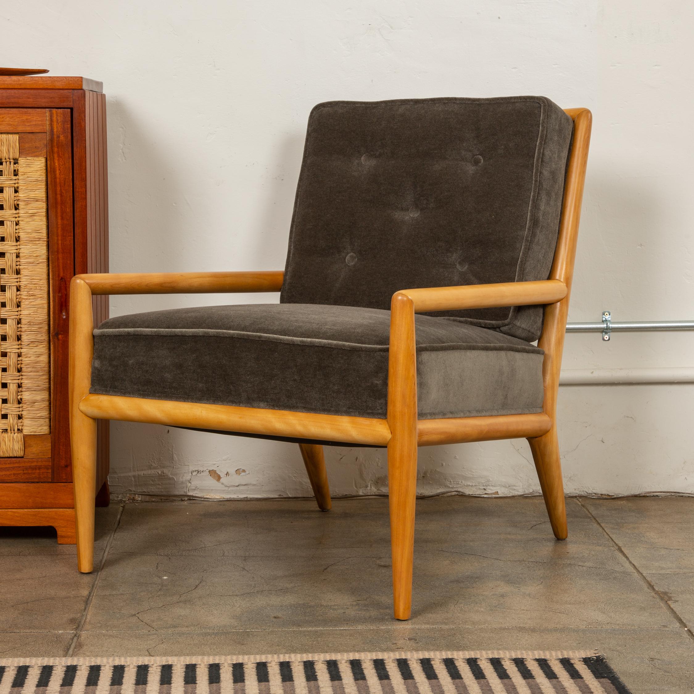 Lounge chair designed by T.H Robsjohn-Gibbings for Michigan based manufacturer Widdicomb, circa 1955. This fully restored chair has a bleached walnut frame. The cushions have been newly upholstered in gray mohair. 

Condition: Excellent restored