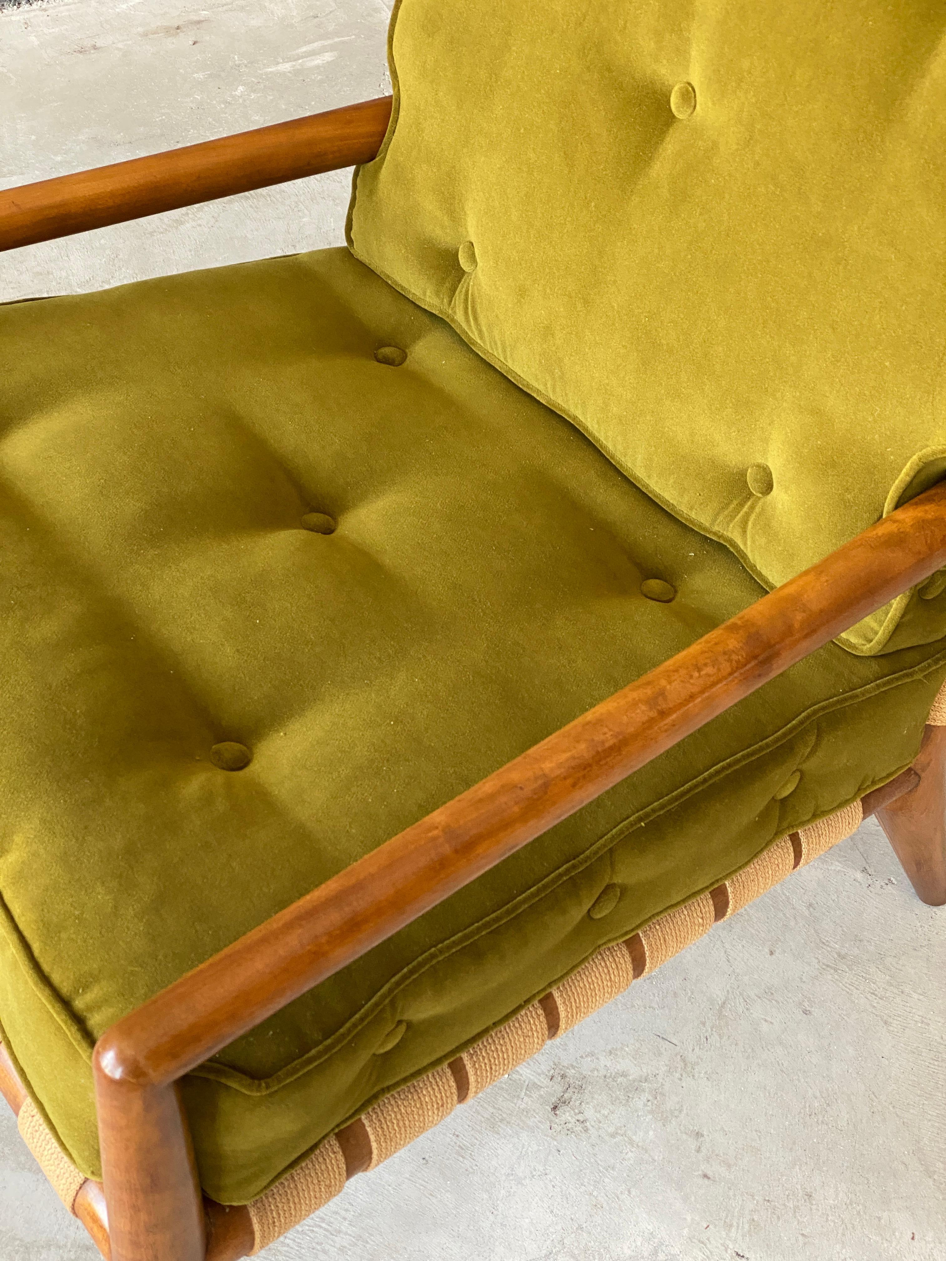 Mid-Century Modern T.H. Robsjohn-Gibbings, Lounge Chair Walnut Webbing Green Velvet Widdicomb 1950s