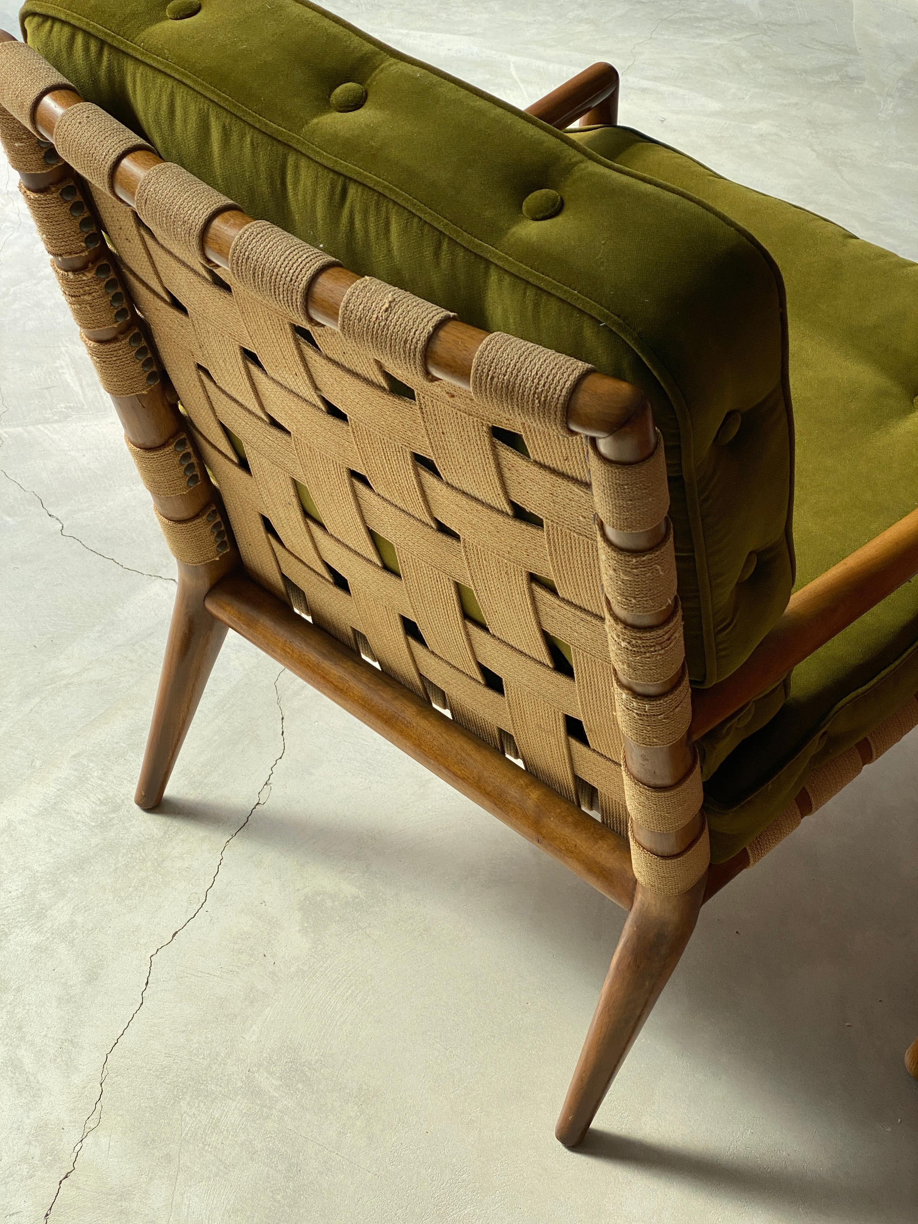 Cotton T.H. Robsjohn-Gibbings, Lounge Chair Walnut Webbing Green Velvet Widdicomb 1950s