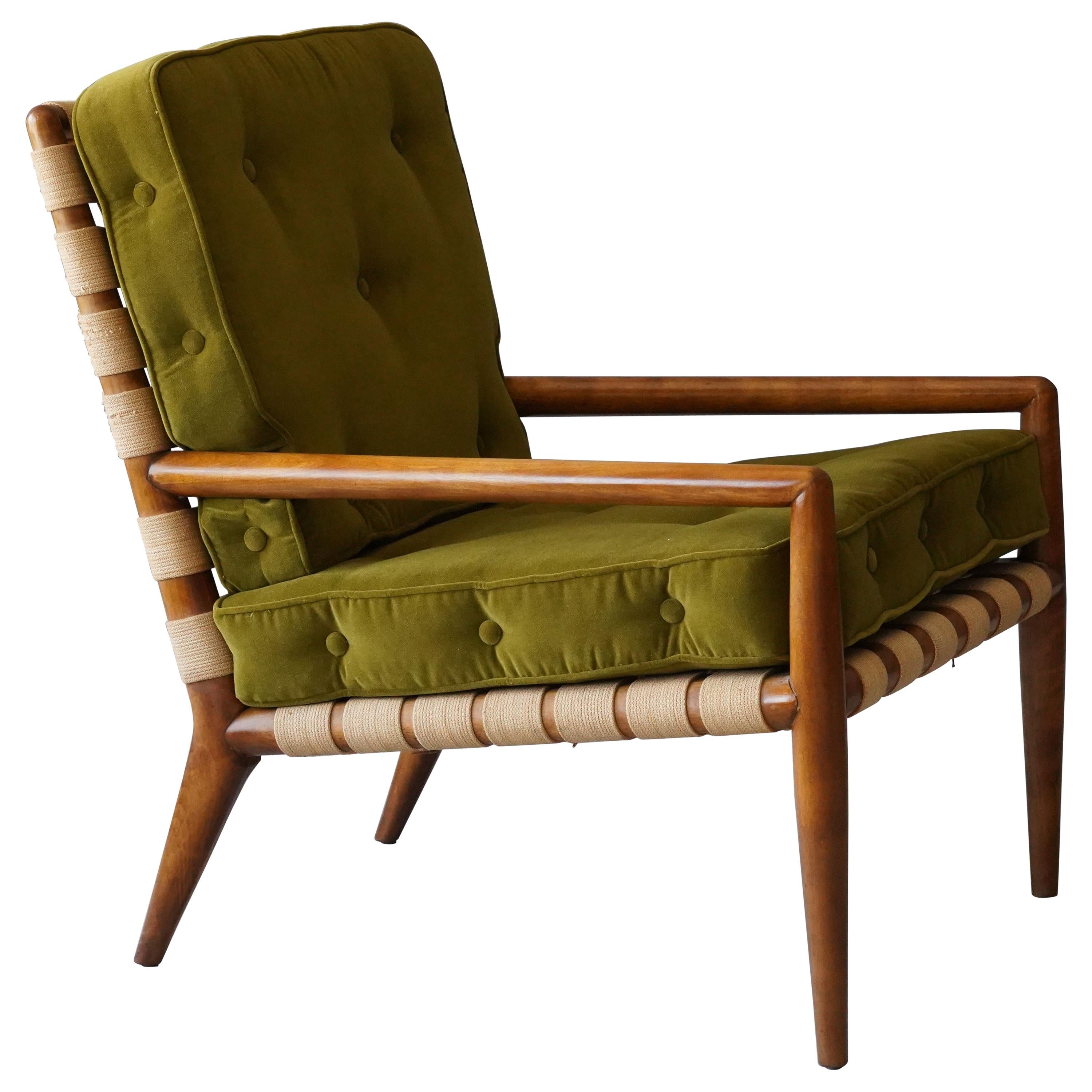 T.H. Robsjohn-Gibbings, Lounge Chair Walnut Webbing Green Velvet Widdicomb 1950s