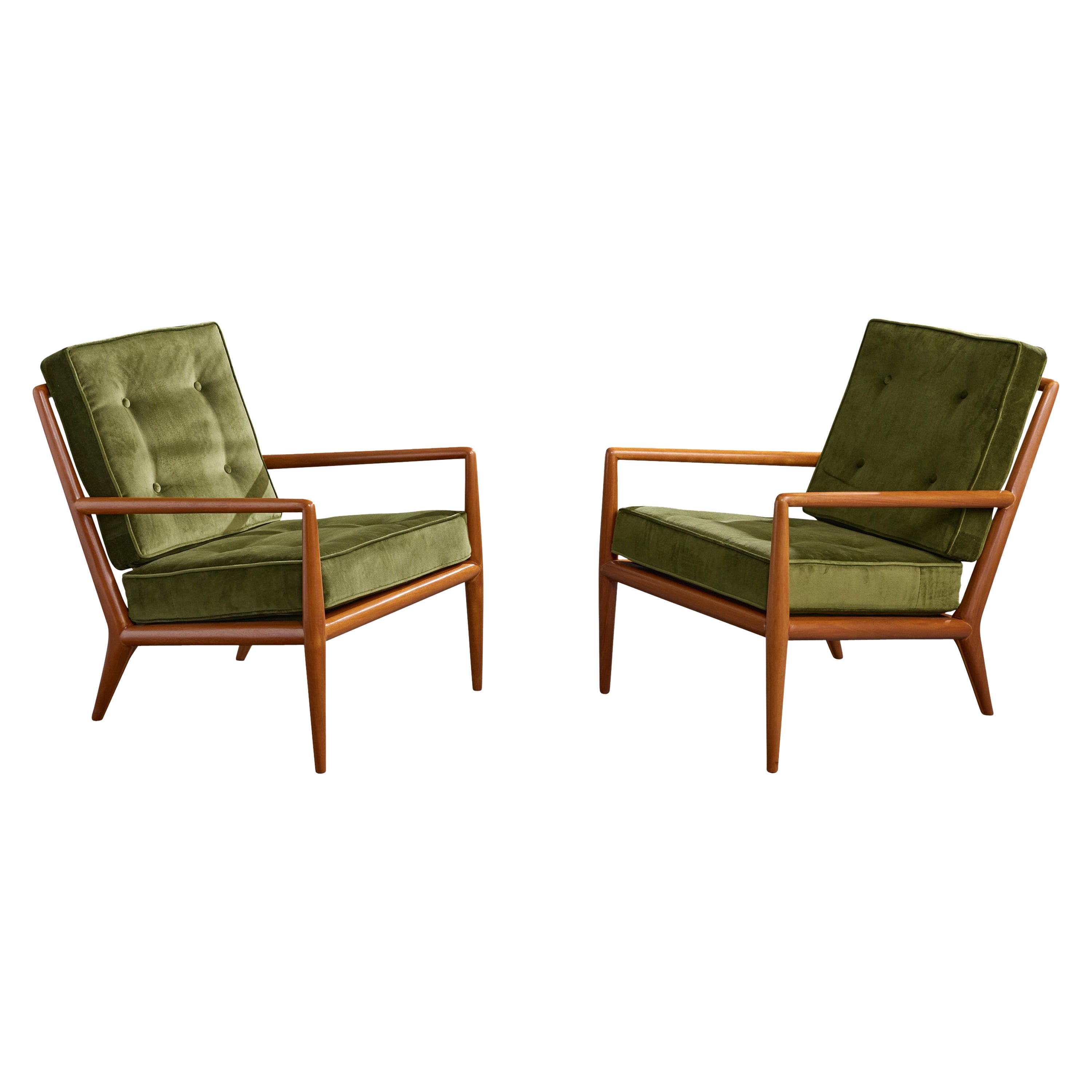 T.H. Robsjohn-Gibbings, Lounge Chairs, Walnut, Velvet, USA, 1950s