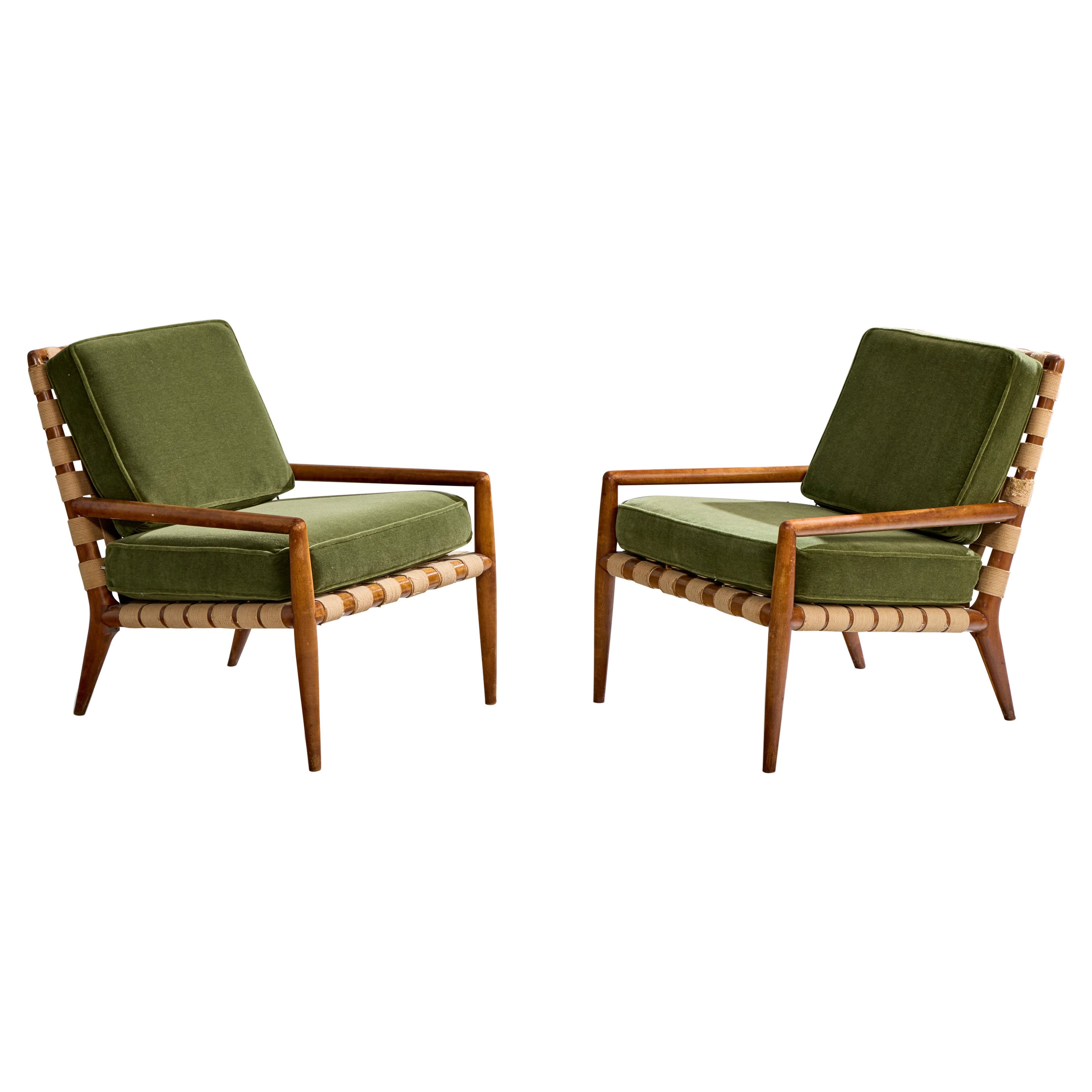 T.H. Robsjohn-Gibbings, Lounge Chairs, Walnut, Webbing, Mohair, USA, 1950s