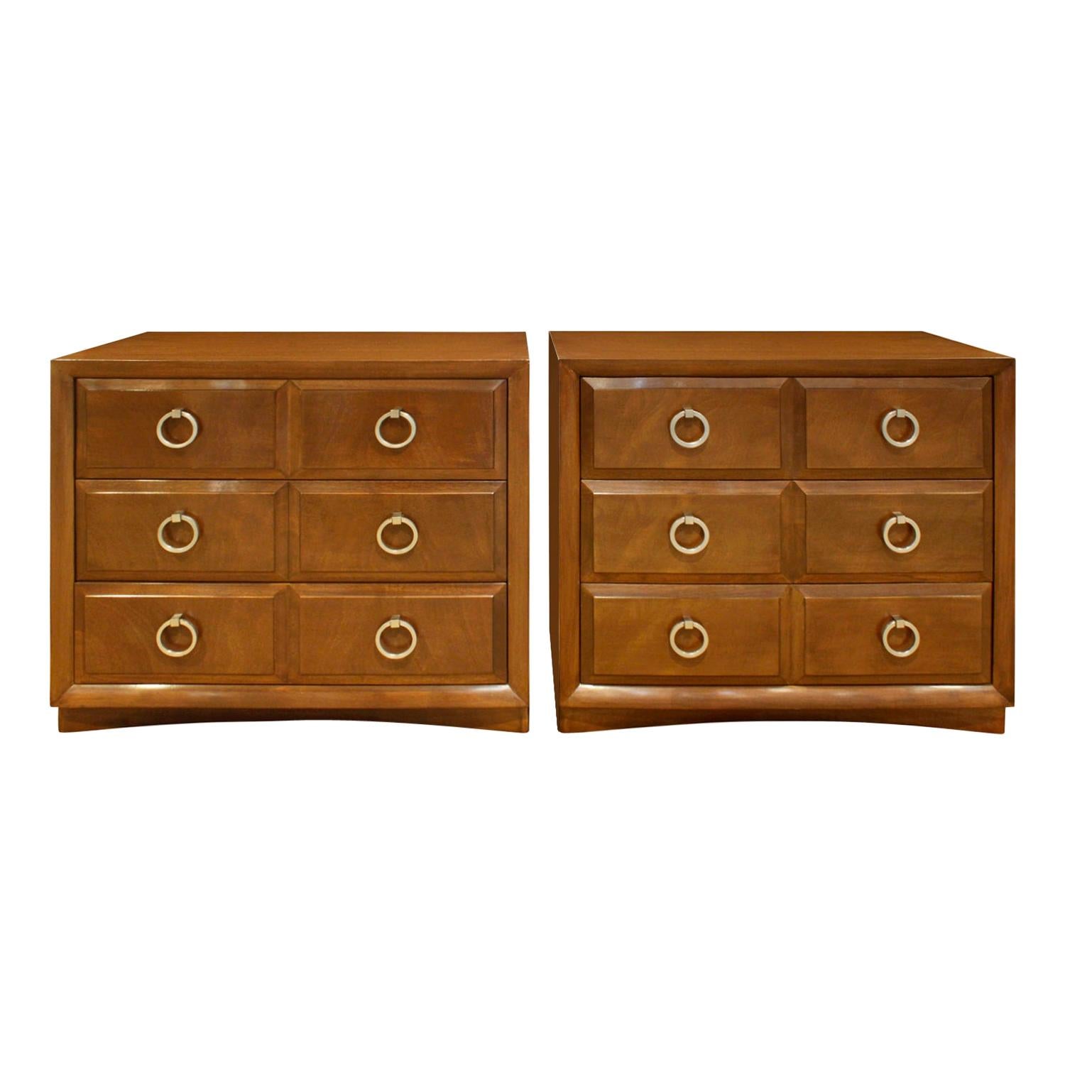 T.H. Robsjohn-Gibbings Pair of Bedside Tables / Chests in Walnut, 1950s 'Signed'