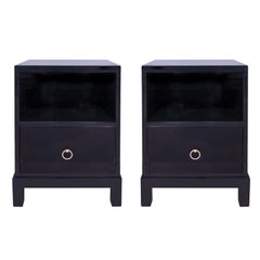 T.H. Robsjohn-Gibbings Pair of Bedside Tables in Blue Lacquer 1940s 'Signed'