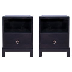 T.H. Robsjohn-Gibbings Pair of Bedside Tables in Blue Lacquer 1940s 'Signed'