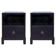 T.H. Robsjohn-Gibbings Pair of Bedside Tables in Blue Lacquer 1940s 
Signed
