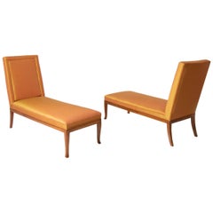 Vintage T.H. Robsjohn-Gibbings Pair of Chaise Lounges in Orange Silk, 1960s