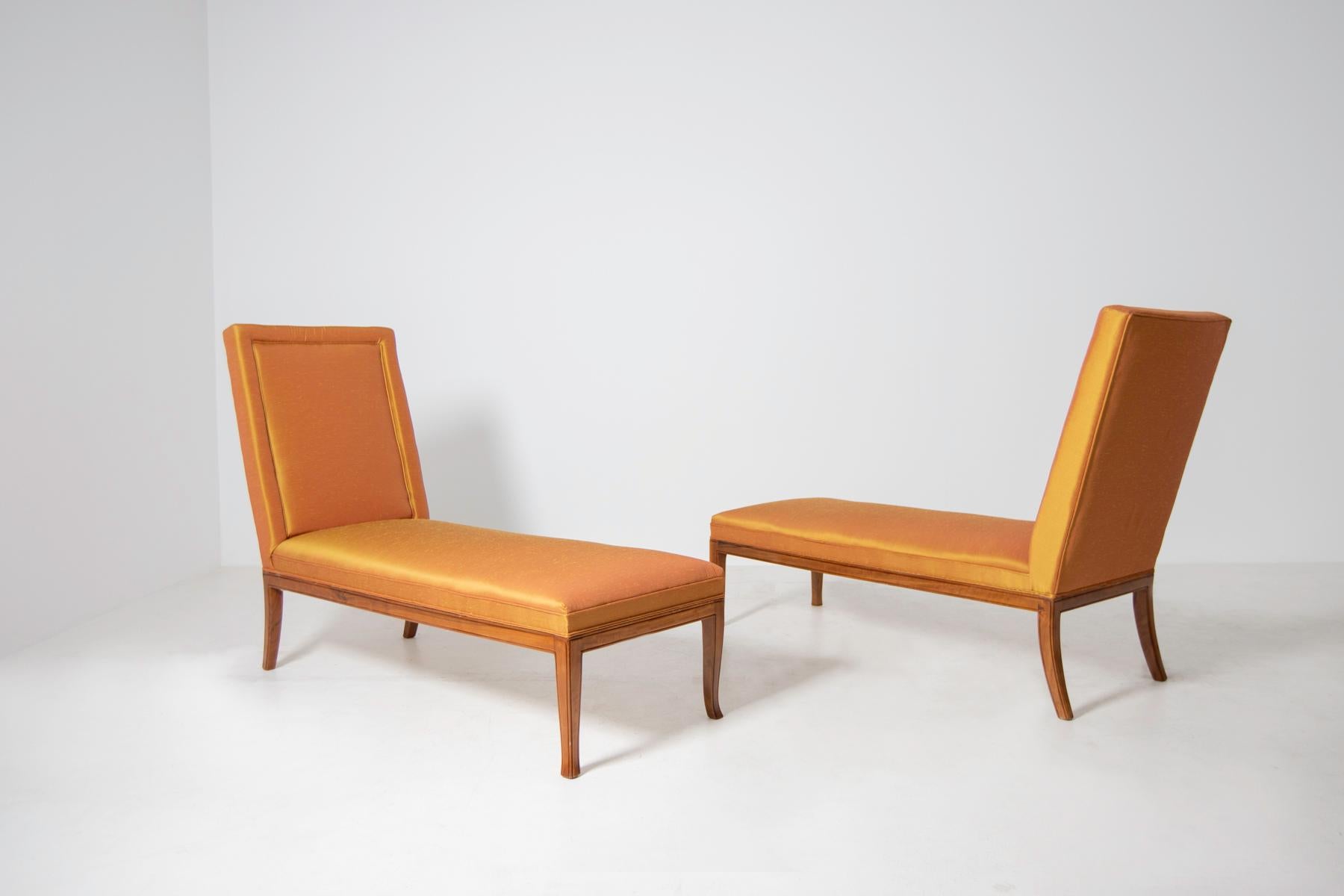 Mid-Century Modern T.H. Robsjohn-Gibbings Pair of Chaise Lounges in Orange Silk, 1960s