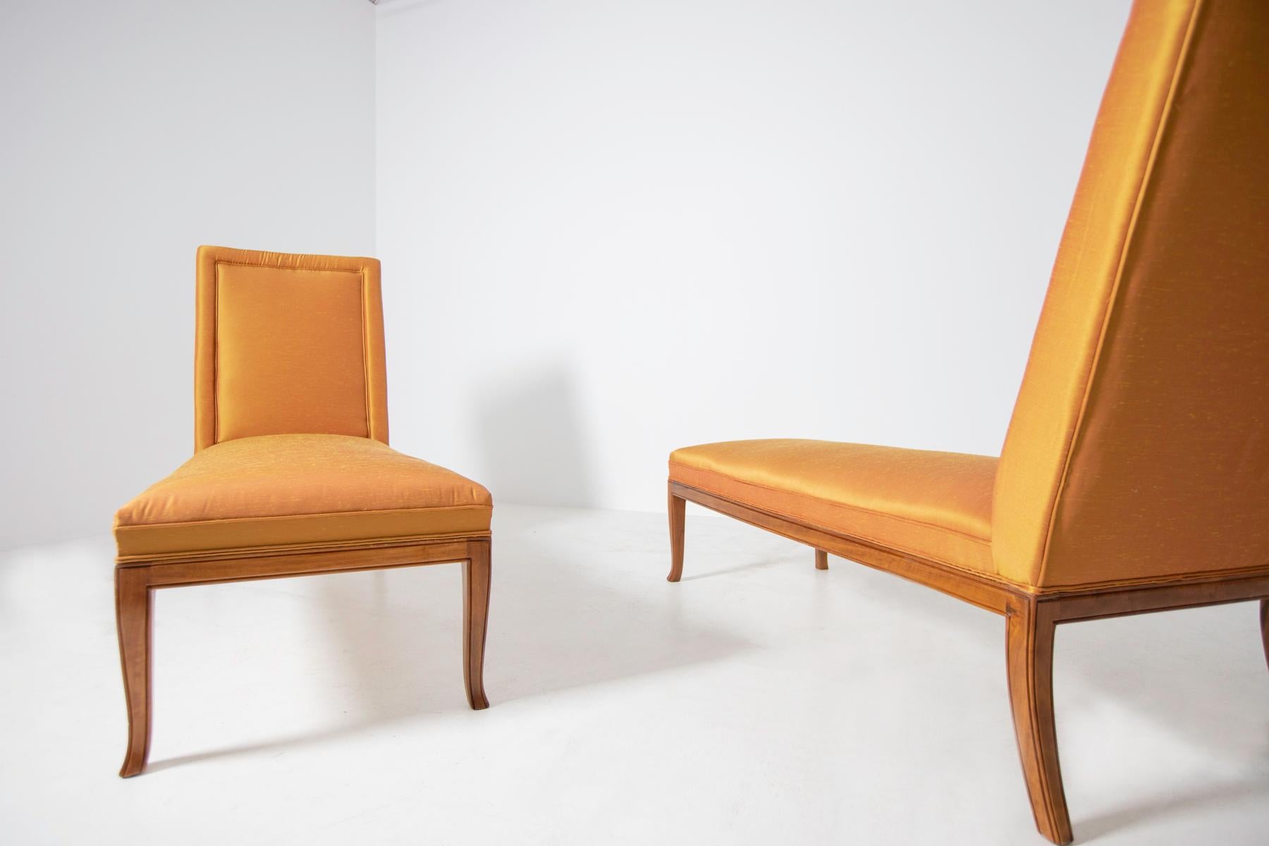 American T.H. Robsjohn-Gibbings Pair of Chaise Lounges in Orange Silk, 1960s