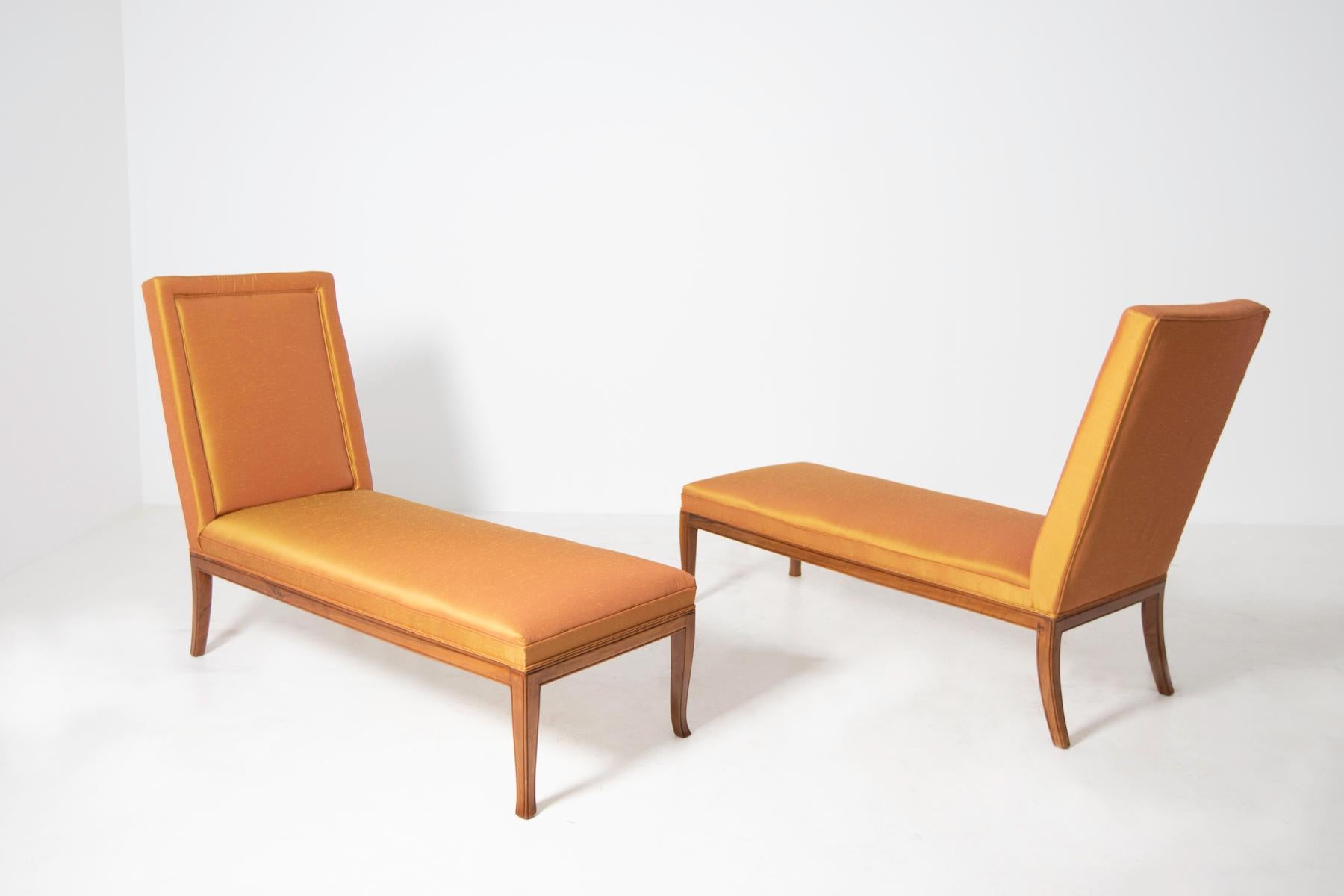 T.H. Robsjohn-Gibbings Pair of Chaise Lounges in Orange Silk, 1960s 1