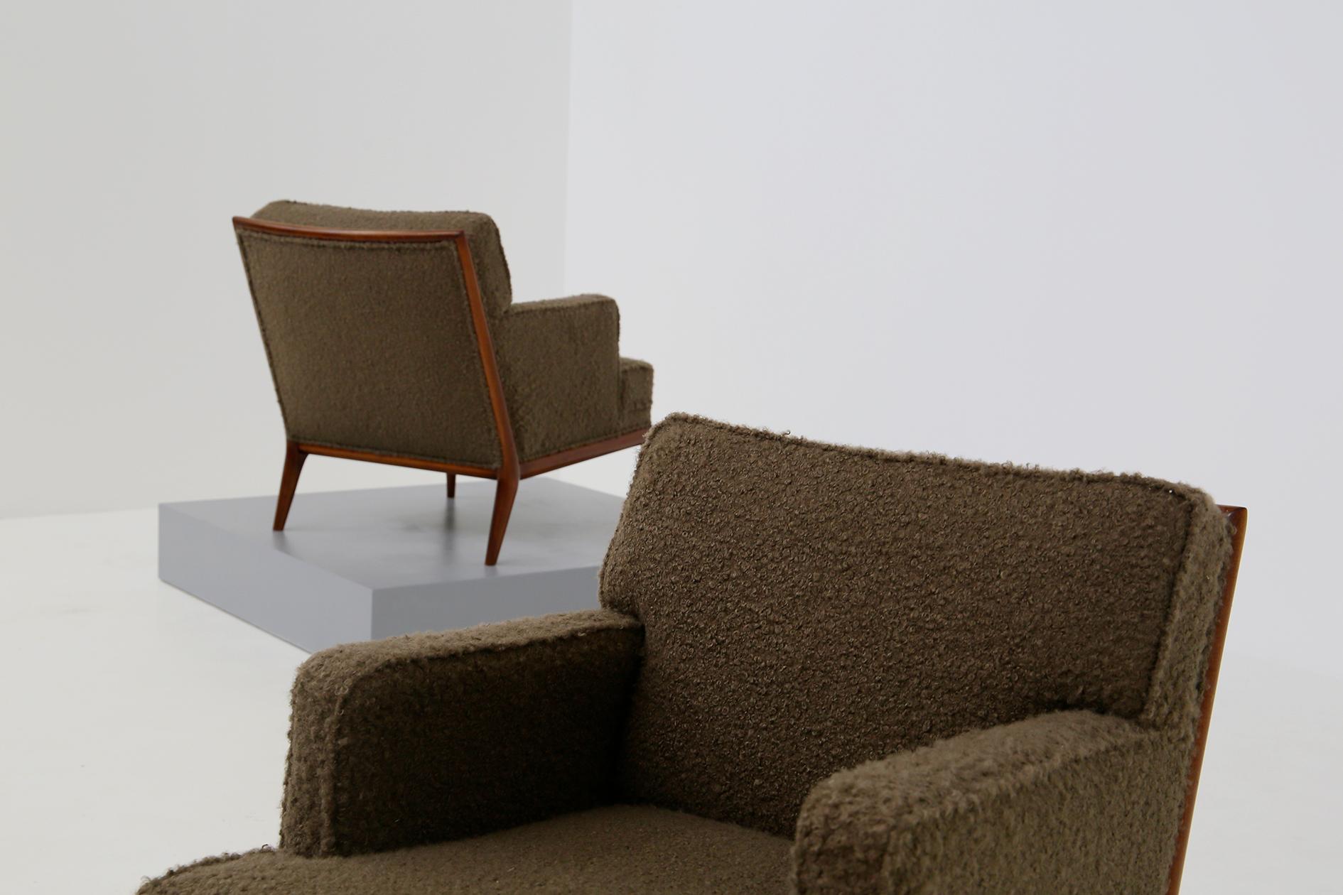 T.H. Robsjohn-Gibbings Pair of Midcentury Armchairs in Bouclè Fabric Brown, 1950 1