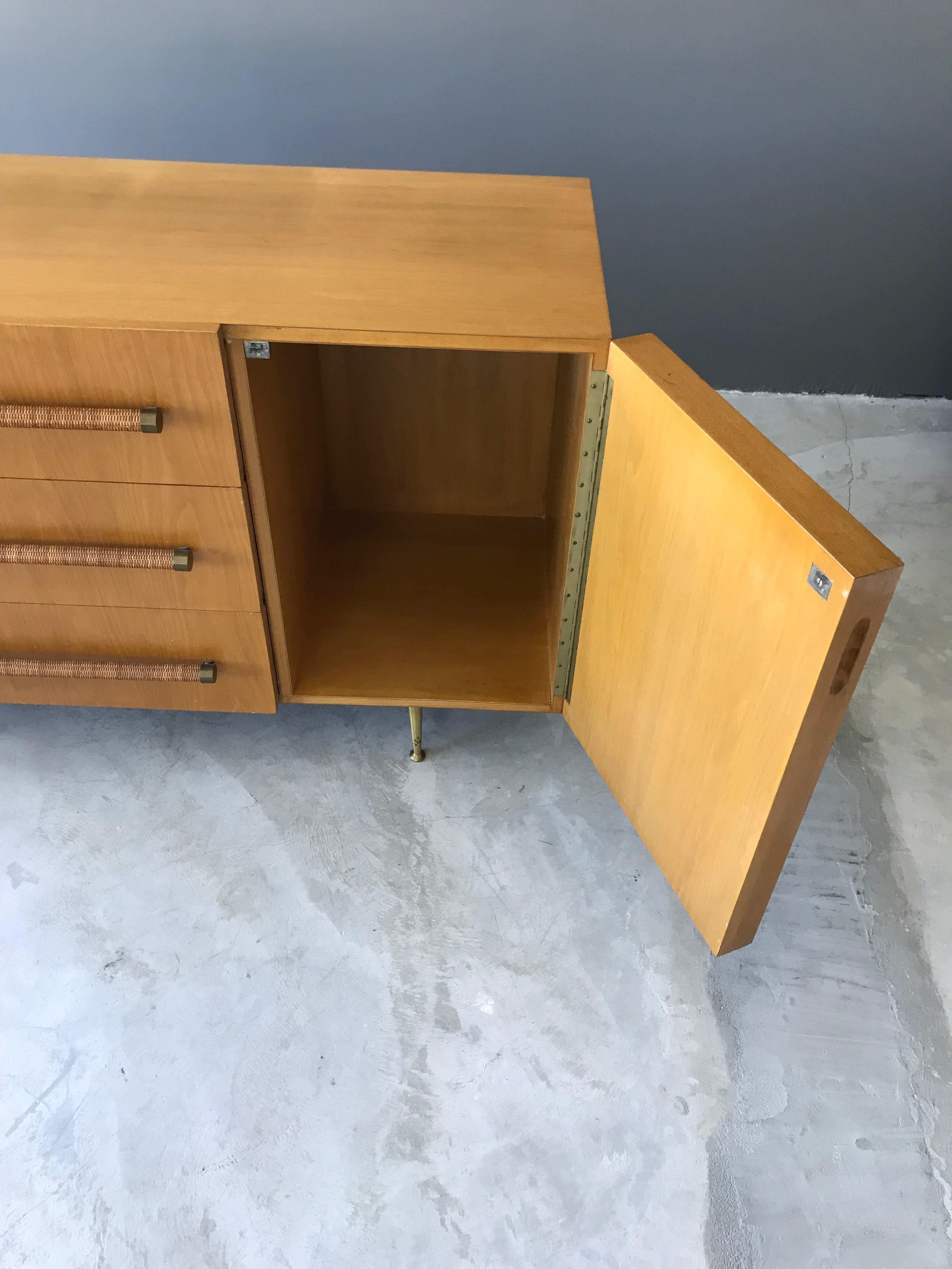 Mid-20th Century T.H. Robsjohn-Gibbings, Rare Cabinet in Walnut, Rattan and Brass, circa 1950