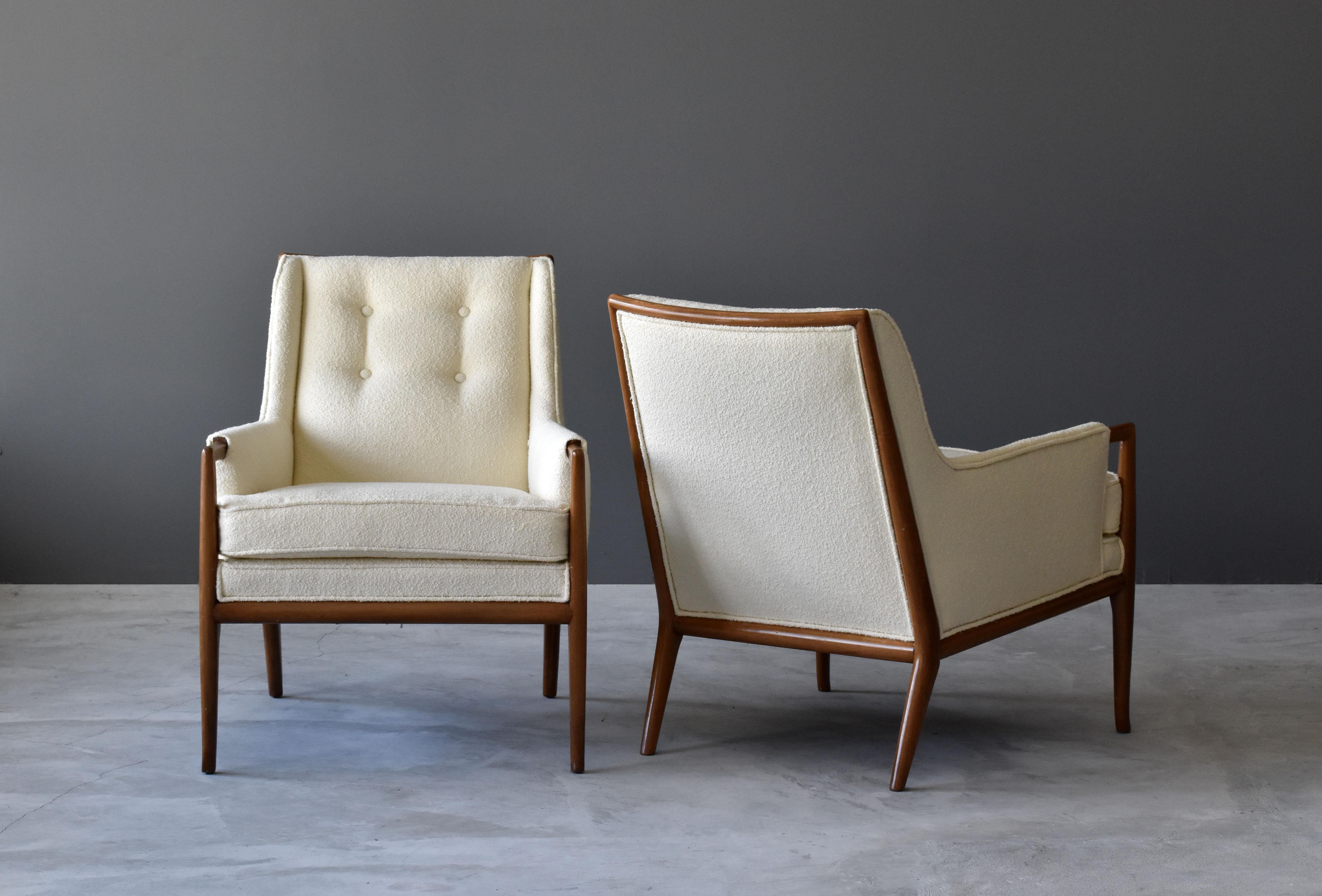 Mid-Century Modern T.H. Robsjohn-Gibbings, Rare Lounge Chairs, Walnut, Off-White Fabric, Widdicomb
