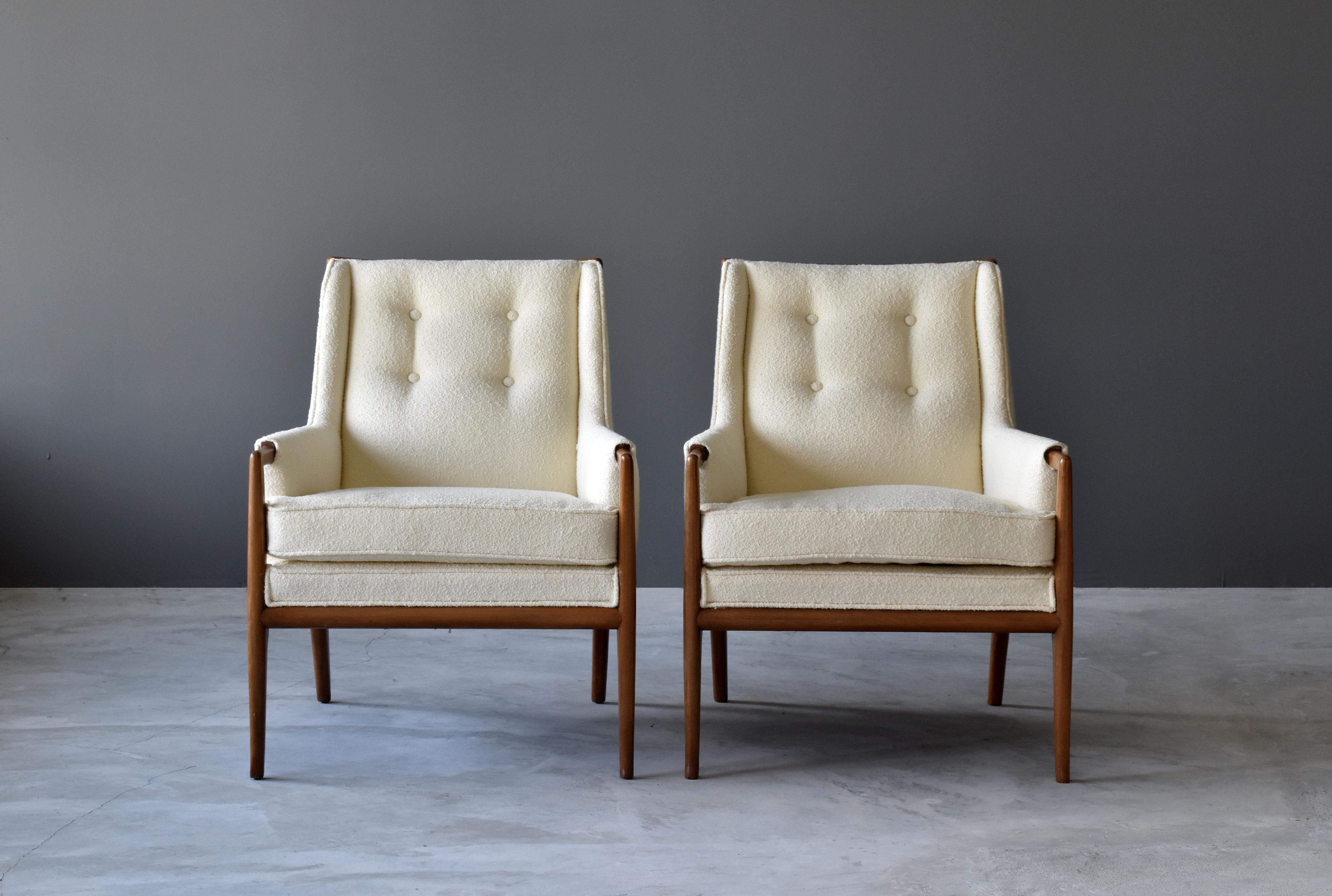 American T.H. Robsjohn-Gibbings, Rare Lounge Chairs, Walnut, Off-White Fabric, Widdicomb