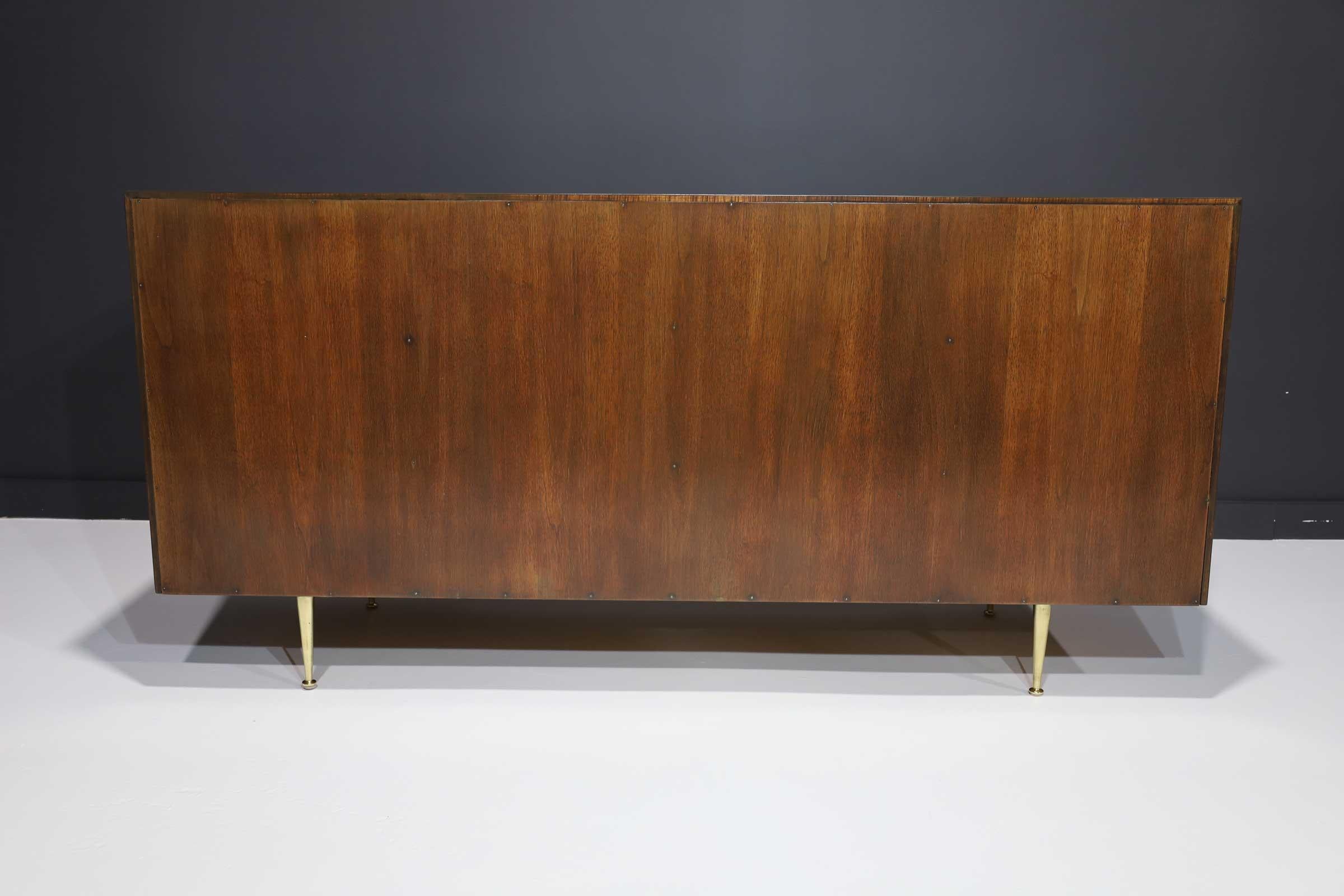 T.H. Robsjohn-Gibbings Rare Sideboard or Cabinet in Walnut, Rattan and Brass For Sale 3