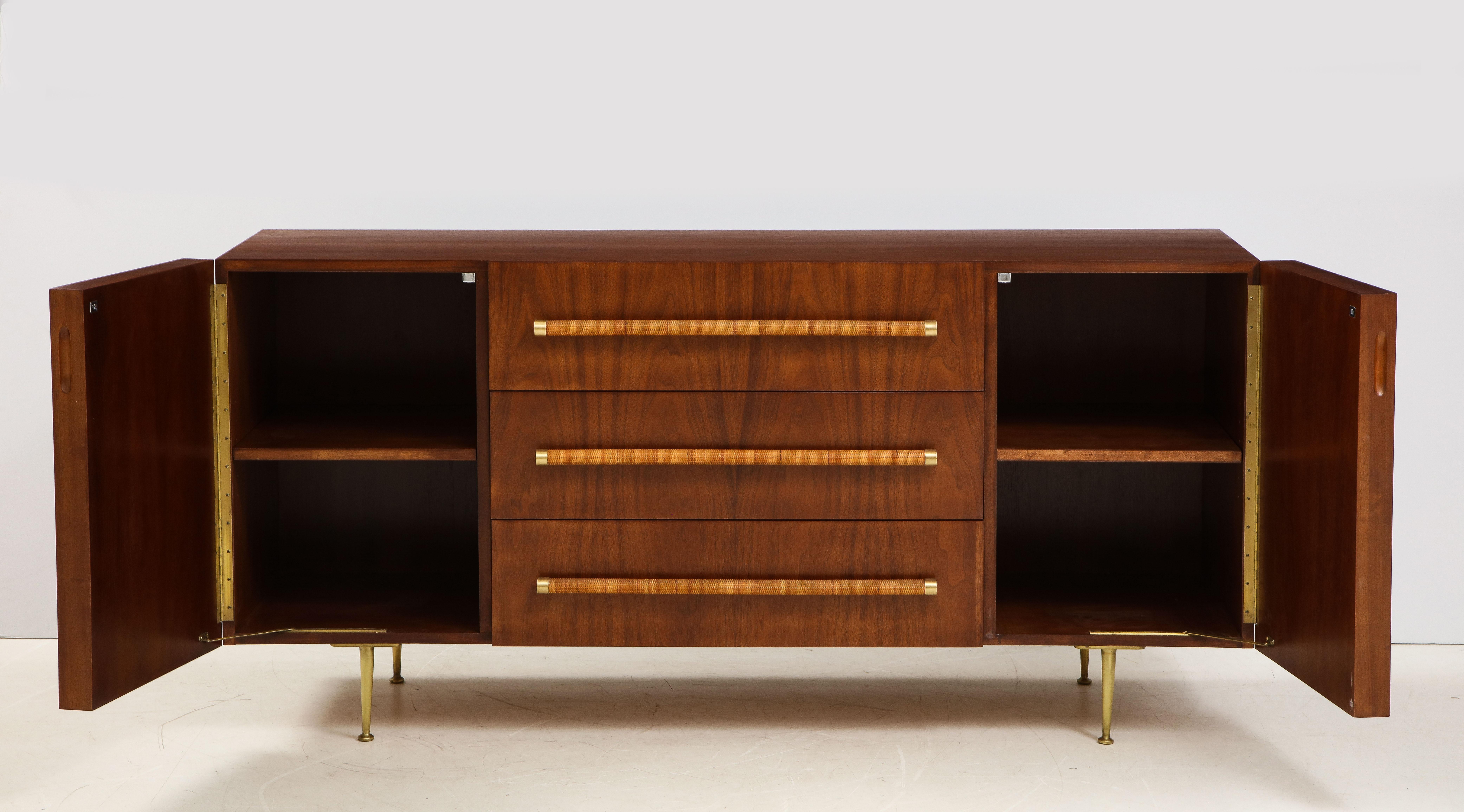 T.H. Robsjohn-Gibbings Sideboard or Cabinet in Walnut, Rattan and Brass 6